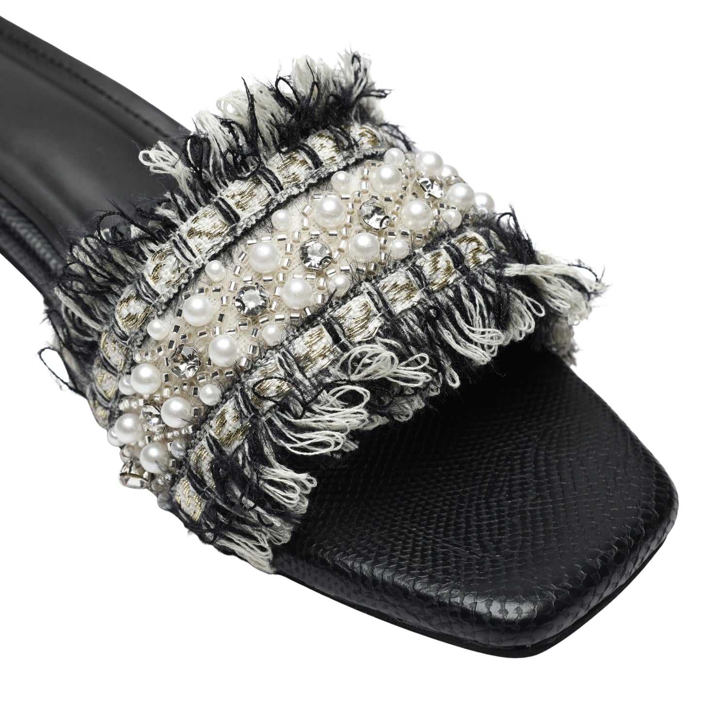 Close-up of Boho Chic Black slider strap by Solemates by Palak — mixed pearl sizes, silver crystal accents and seed beads on black and cream tweed fringe fabric