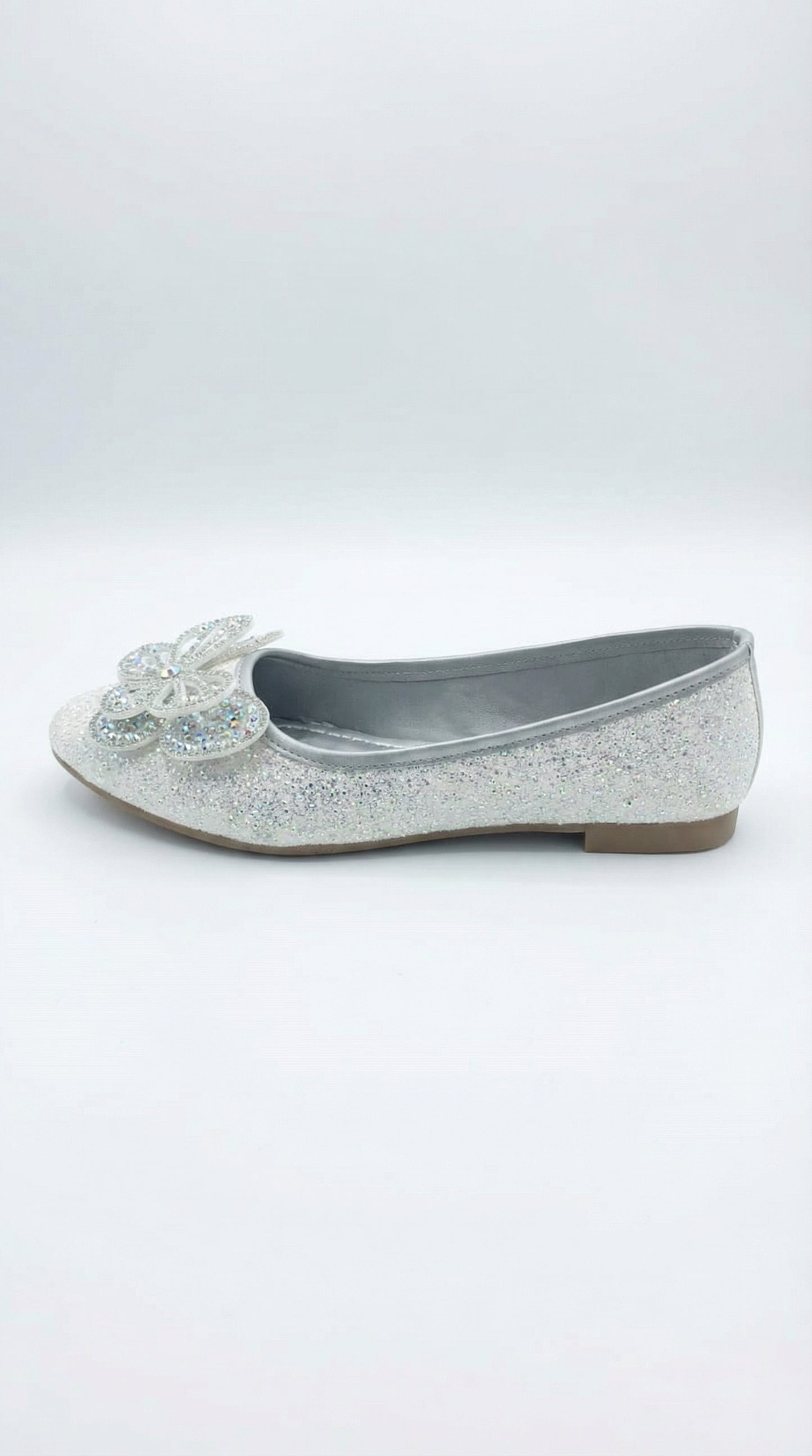 Stardust Flutter ballerina side view — all-over silver glitter with crystal butterfly embellishment by Solemates by Palak
