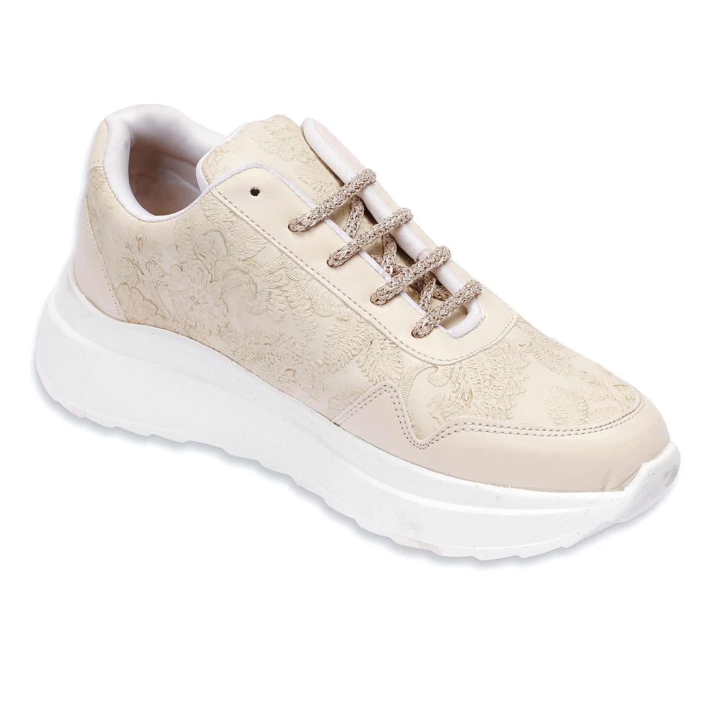 Ivory Elegance Textured Sneakers front angle — rose gold metallic laces on cream dual-texture PU upper by
Solemates by Palak
