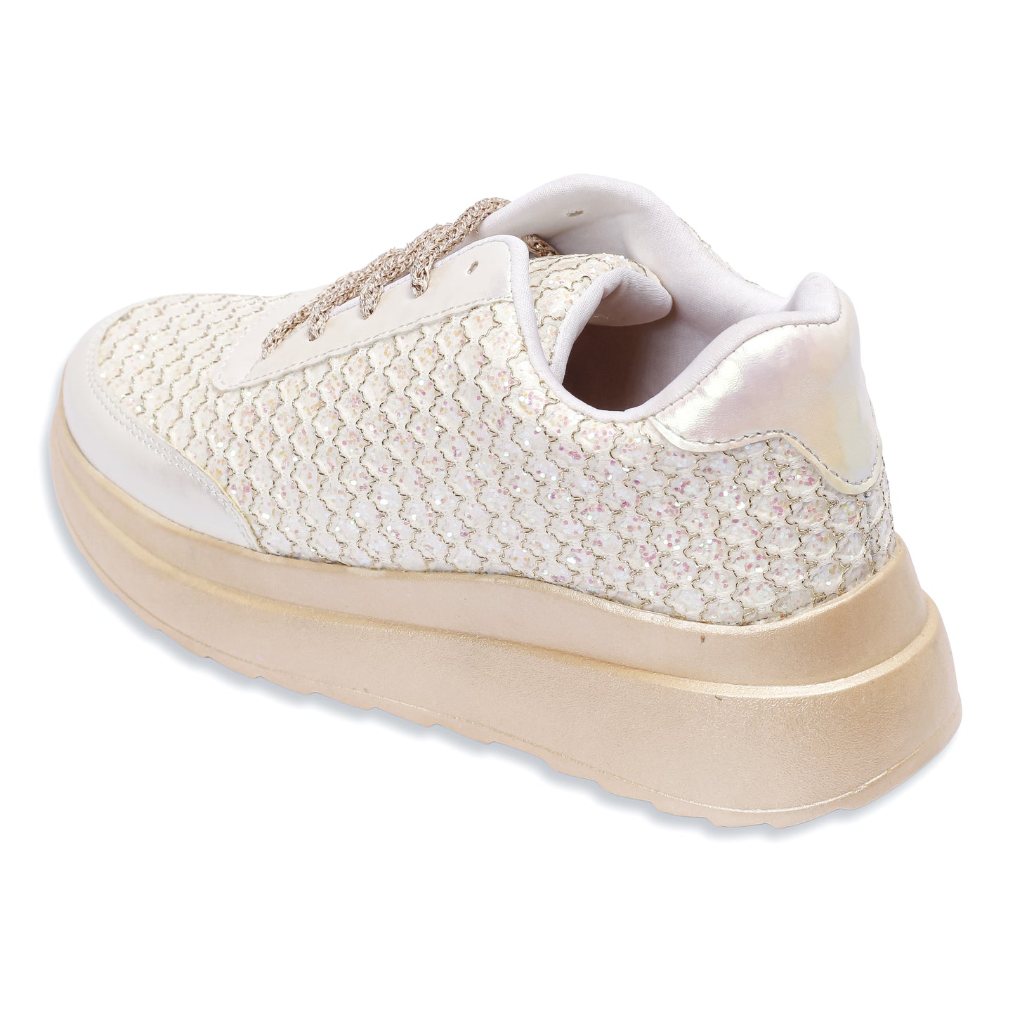 Gleaming Ivory Sneakers back angle — iridescent pearl heel counter with glitter sequin upper by Solemates by Palak