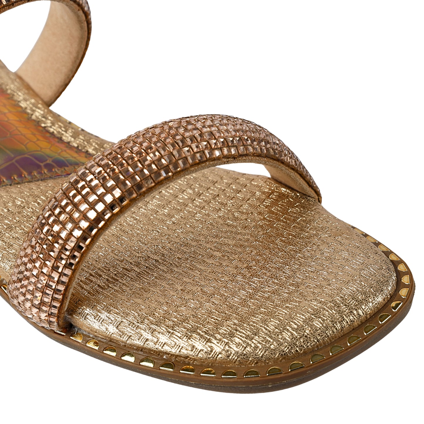 Close-up of Crystalline Rosegold Flats strap by Solemates by Palak — densely set rose gold faceted crystals on double toe and mid-foot straps with gold metallic textured footbed