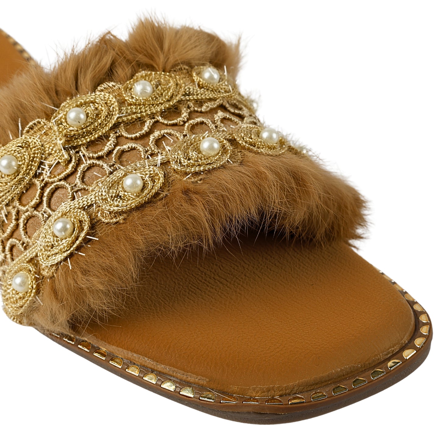 Close-up of Furry Brown slider strap by Solemates by Palak — gold metallic scrolling crochet lace appliqué with white pearl embellishments on warm caramel brown fur-textured strap