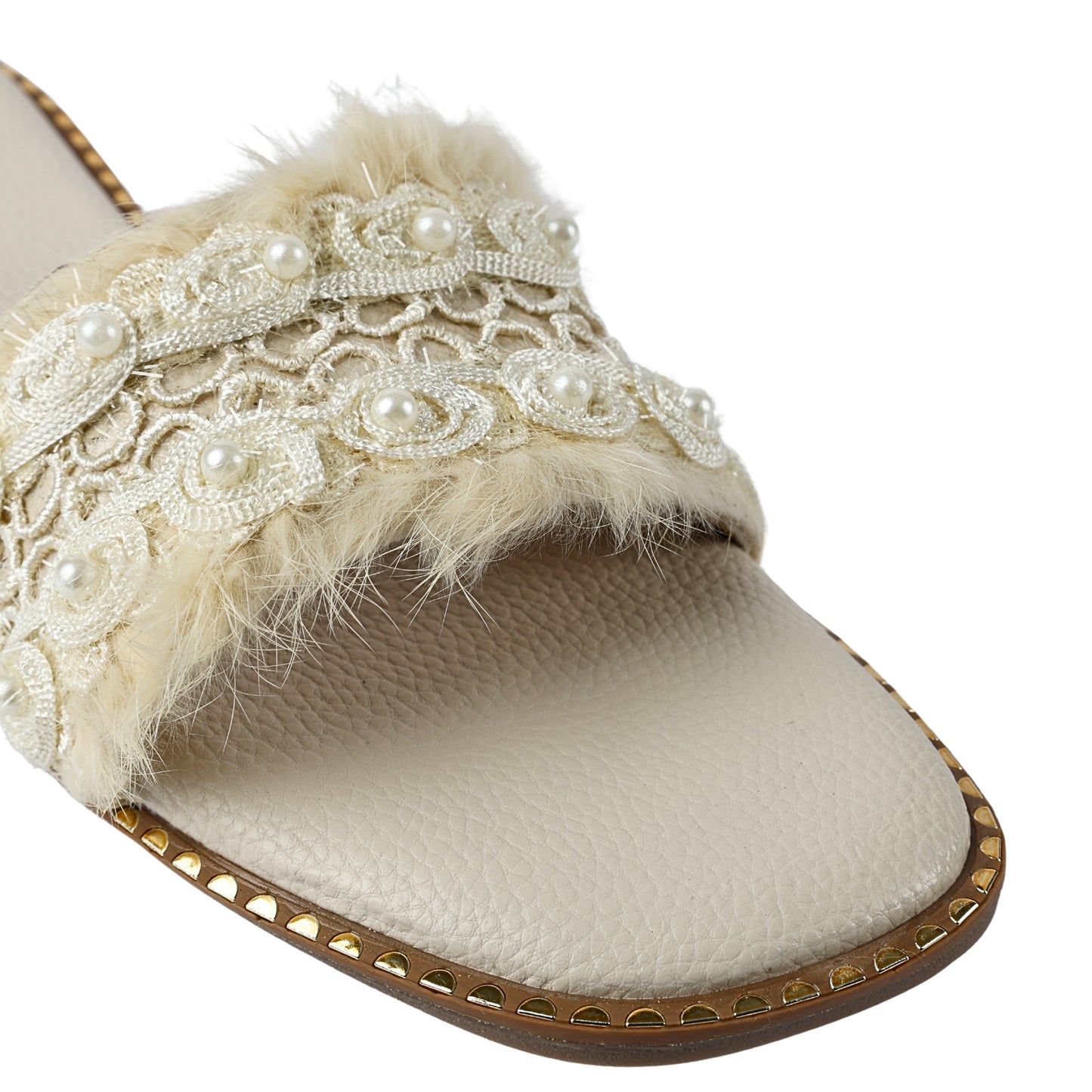 Close-up of Furry Ivory slider strap by Solemates by Palak — cream floral crochet lace appliqué with white pearls on ivory fur-textured strap and gold stud sole trim detail