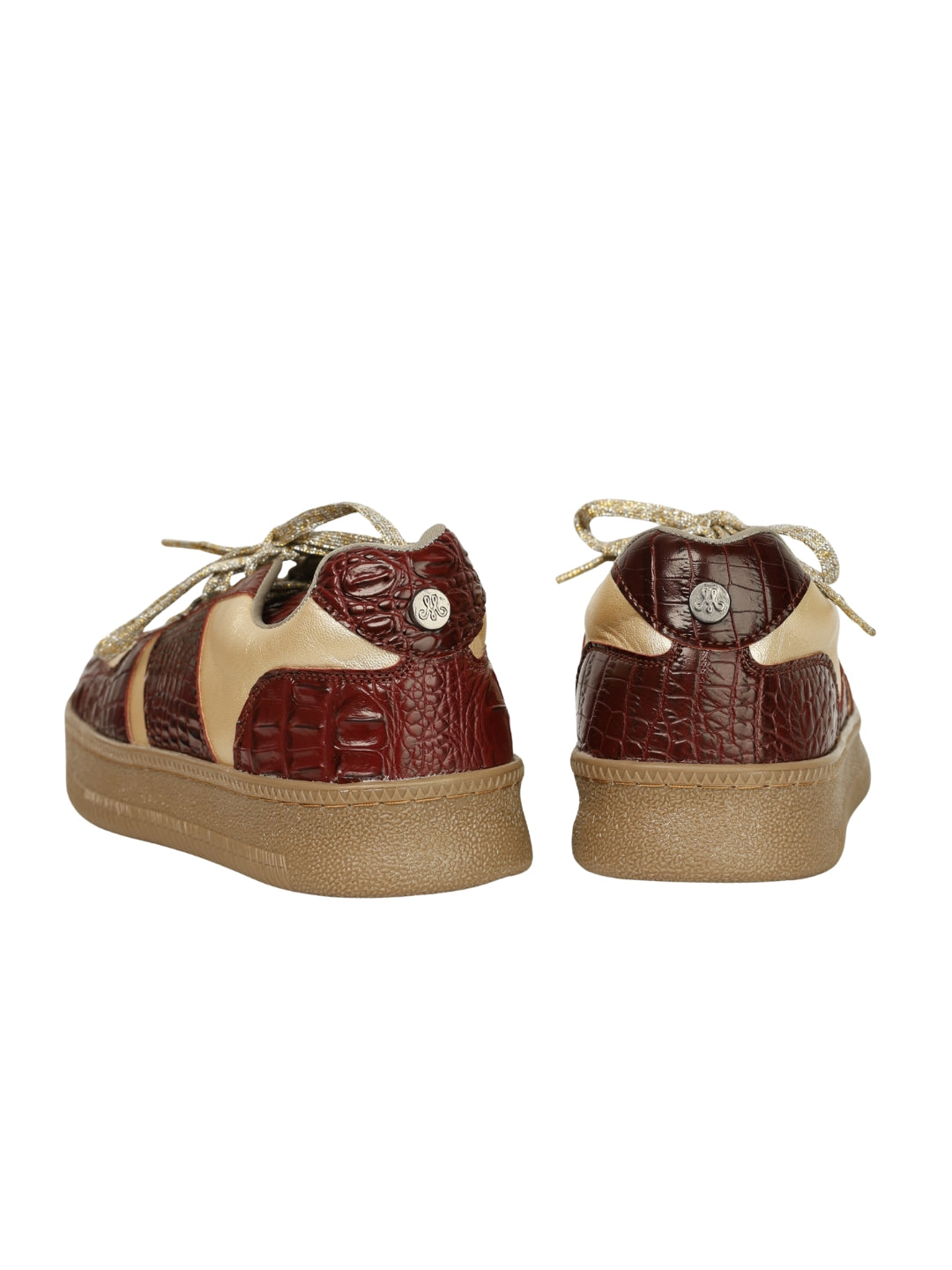 Croc Vintage low-top sneakers back view showing Solemates by Palak signature badge — burgundy croc texture and cream
