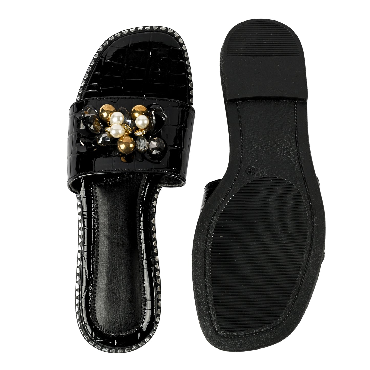Topaz Black Flat Sliders top and sole view white background — black croc patent upper with floral brooch embellishment and black rubber ribbed flat sole by Solemates by Palak