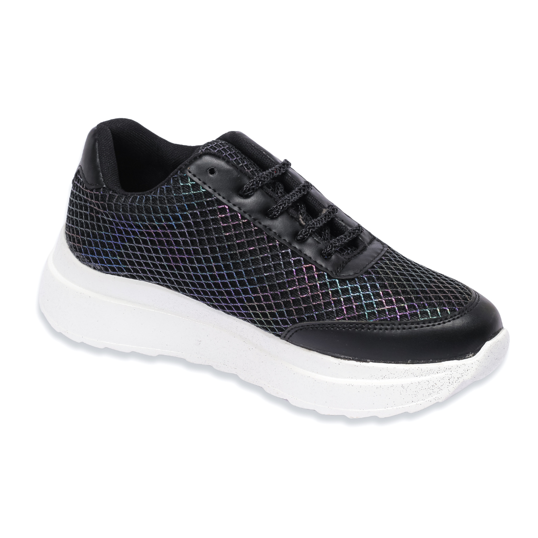 Black Prism Iridescent Grid Sneakers front angle — colour-shifting holographic upper by Solemates by Palak
