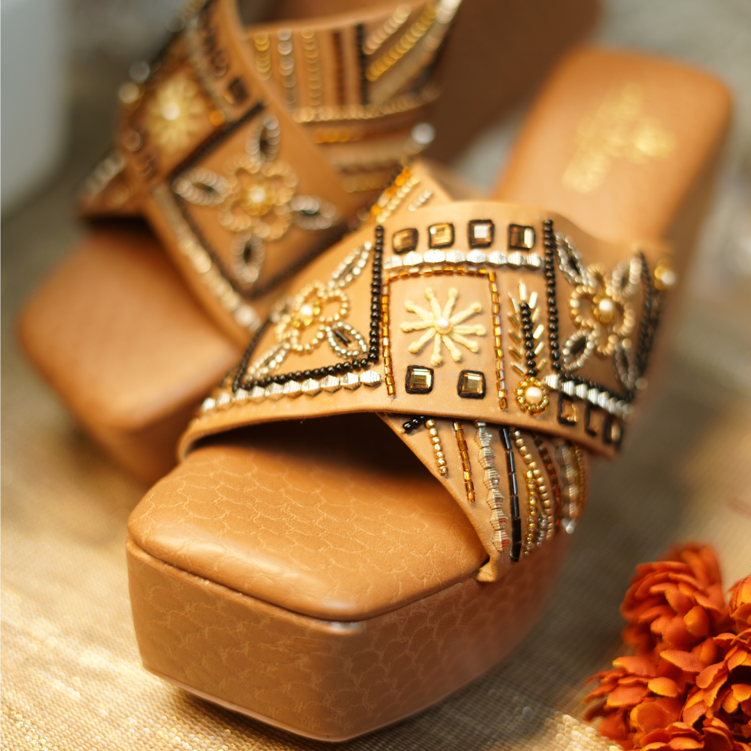 Heer Wedge Heels close-up — intricate gold, silver and black bugle bead geometric pattern with mirror tiles and pearl centres by Solemates by Palak