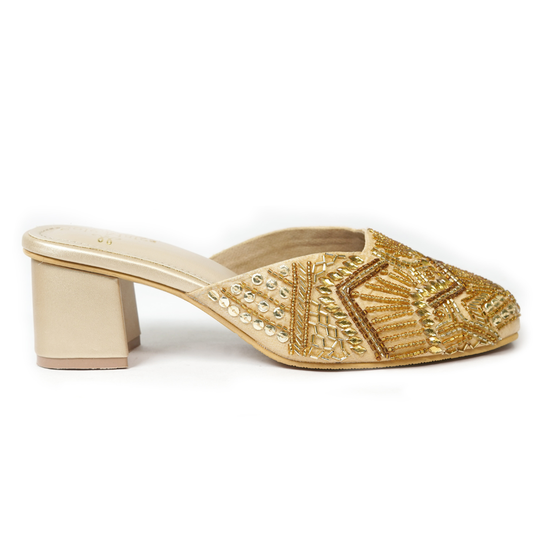 Shyna Handcrafted Mule Heels side view — gold art deco beaded upper with nude block heel by Solemates by Palak