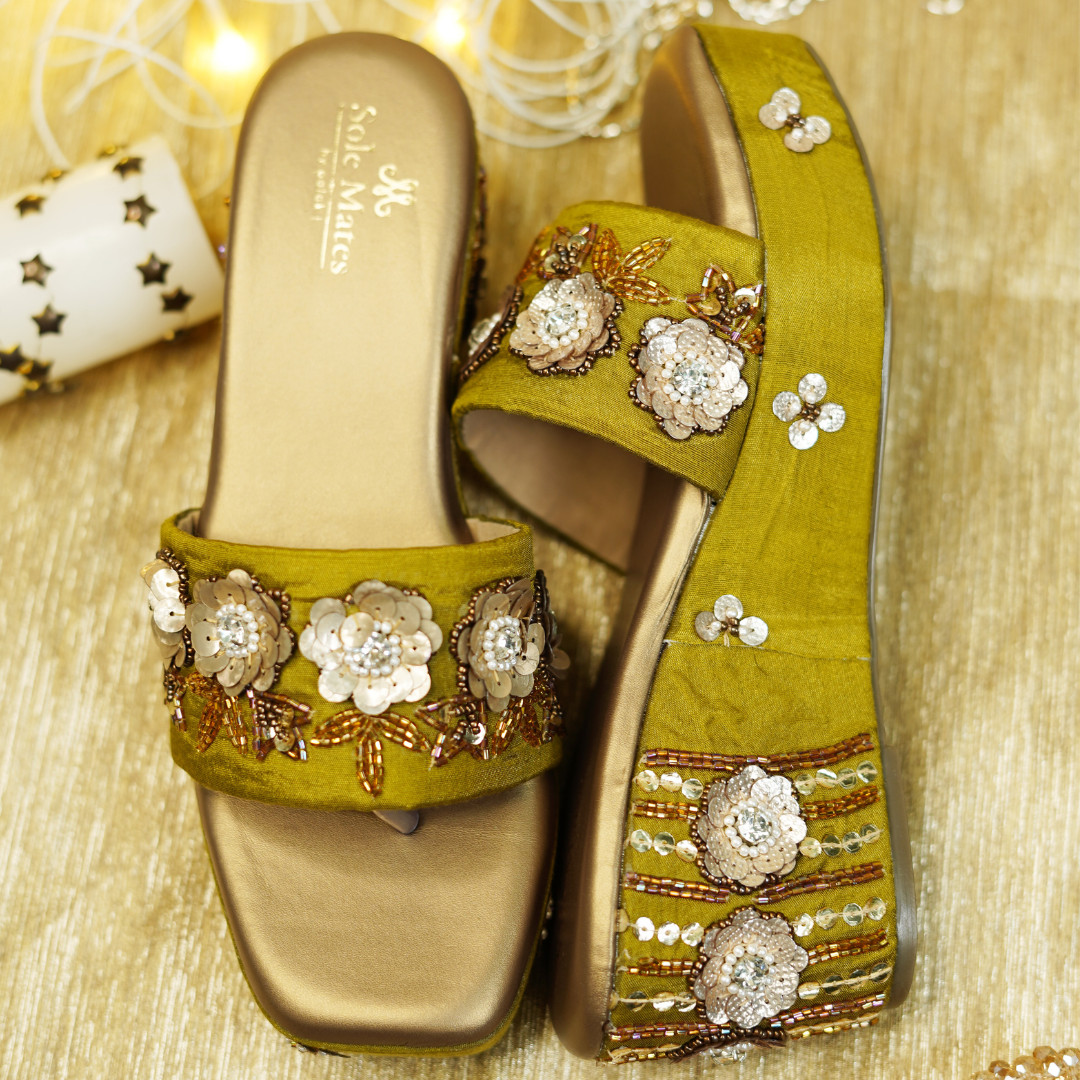 Mumtaz Sequin Floral Wedge Heels pair flat lay — chartreuse green raw silk with full sequin and bead
embellishment by Solemates by Palak