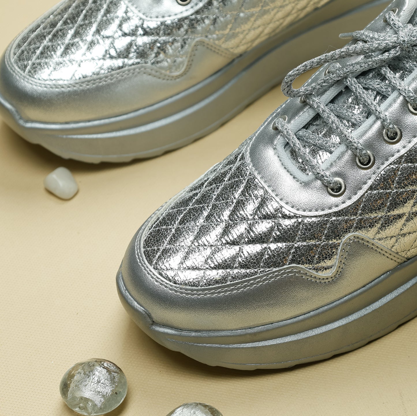 Moonlit Sneaker close-up — crinkled silver quilted texture with diamond pattern detail by Solemates by Palak