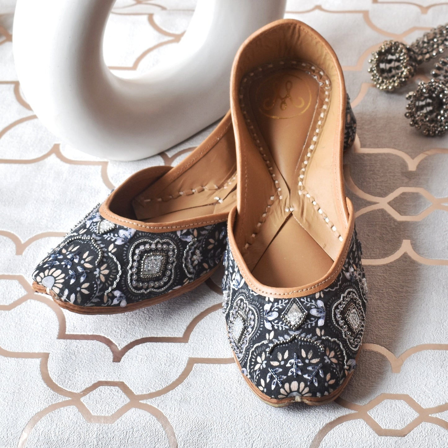 Monochrome Magic Jutti toe detail — silver bead scalloped motifs on navy floral printed fabric by Solemates by Palak