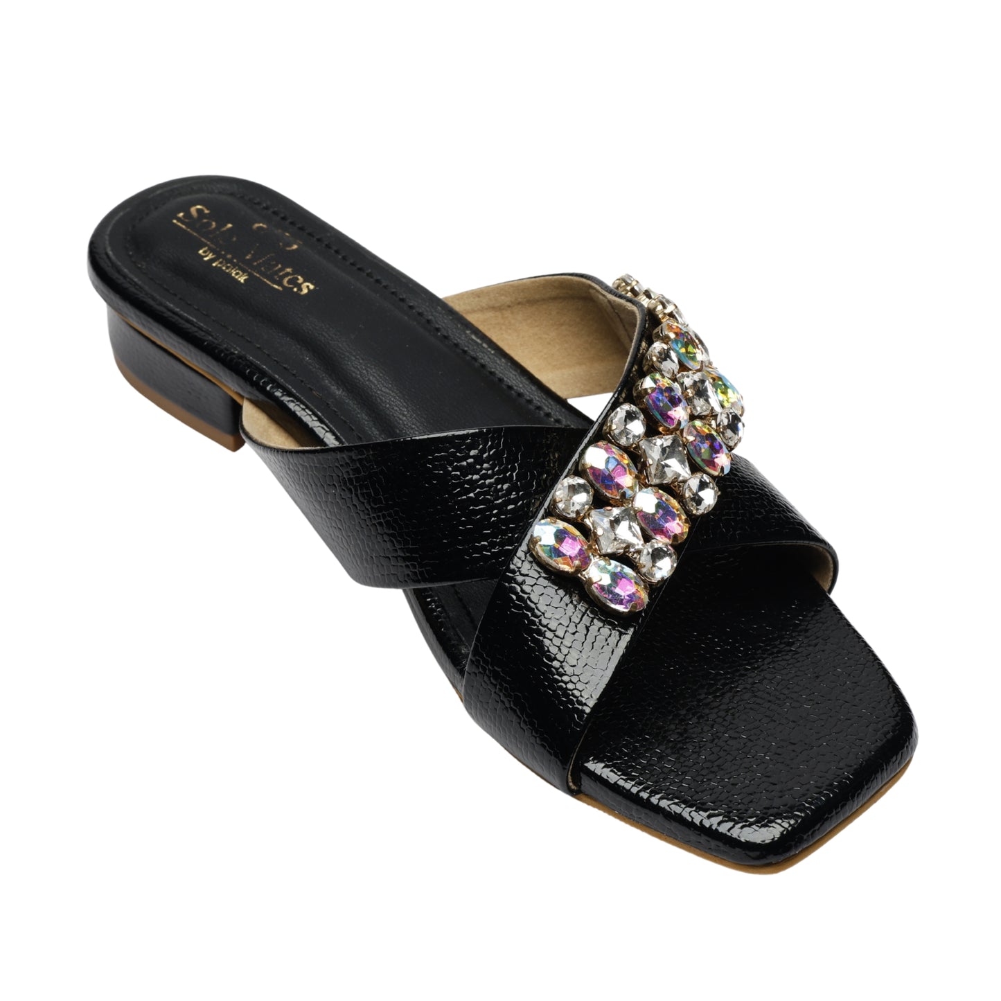 Charolette Black Sliders angled top view white background — black patent criss-cross strap sliders with large iridescent AB crystal and rhinestone cluster by Solemates by Palak