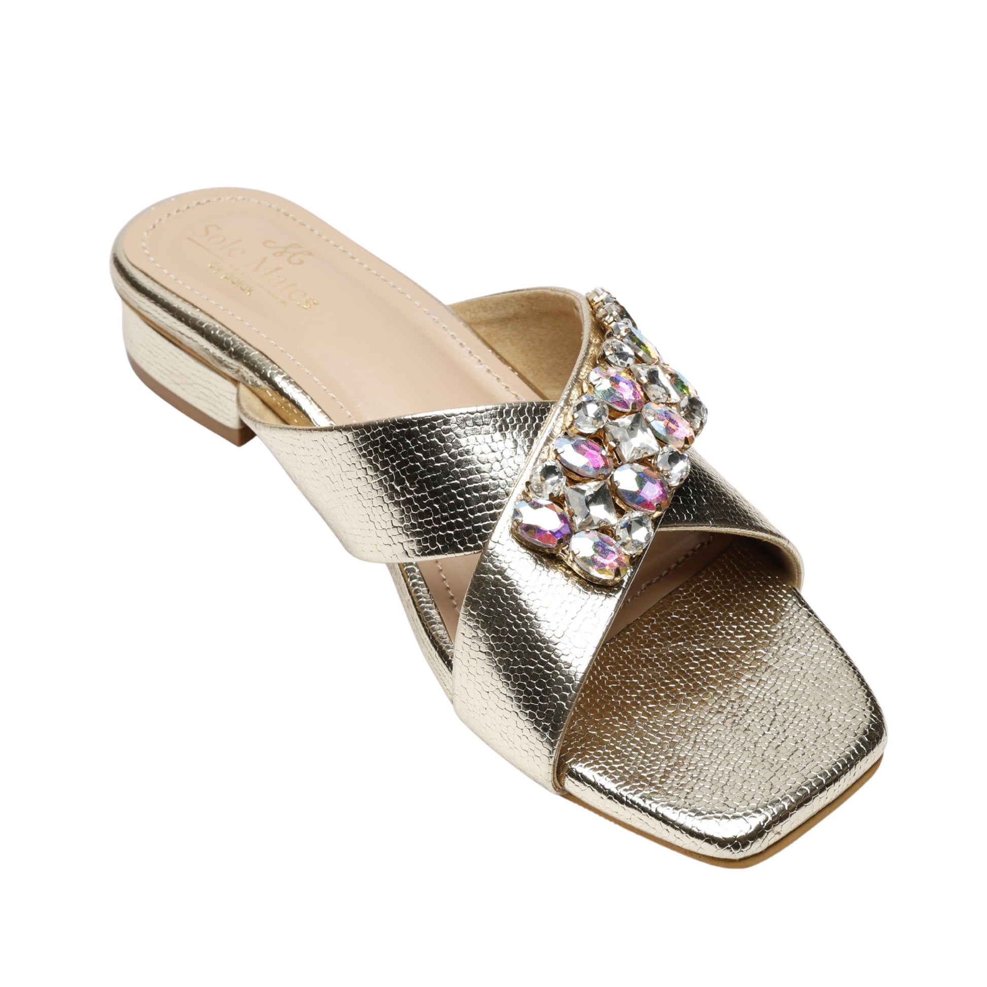 Charolette Gold Sliders angled top view white background — champagne gold textured metallic criss-cross sliders with iridescent AB crystal and rhinestone cluster by Solemates by Palak