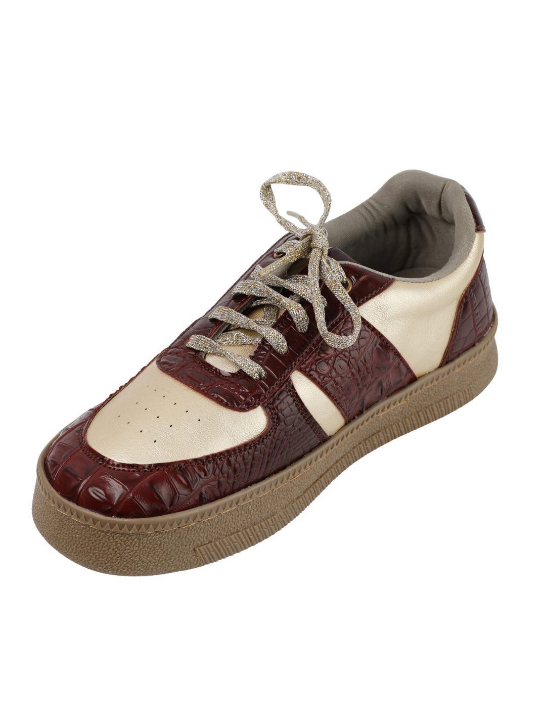 Croc Vintage low-top sneakers side view — burgundy croc texture upper with cream and gold leather panels by Solemates by Palak