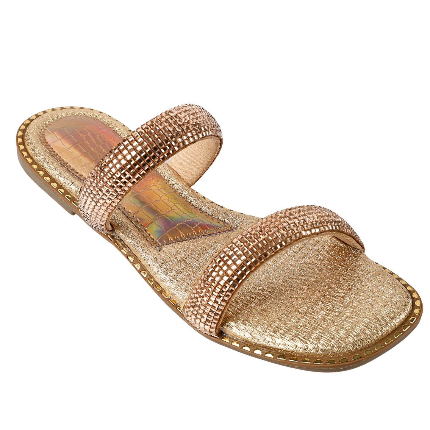 Angled view of Crystalline Rosegold Flats by Solemates by Palak — double strap flat sandal with fully crystal-set rose gold straps, holographic inner lining and gold stud sole trim, white background