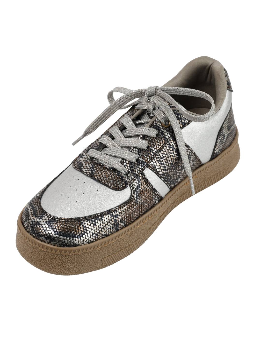 Luxe Python low-top sneakers side view — natural python print upper with silver leather panel and gum sole by Solemates by Palak