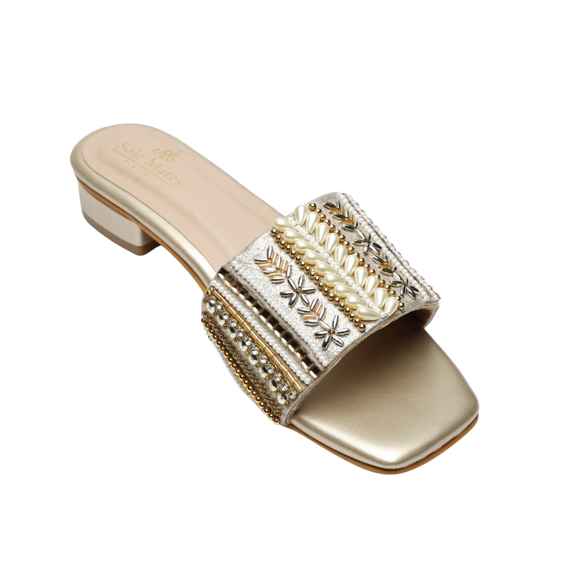 Kate Gold Sliders angled top view white background — wide strap with teardrop pearl rows, gold beads, silver floral motifs and mirror tiles by Solemates by Palak