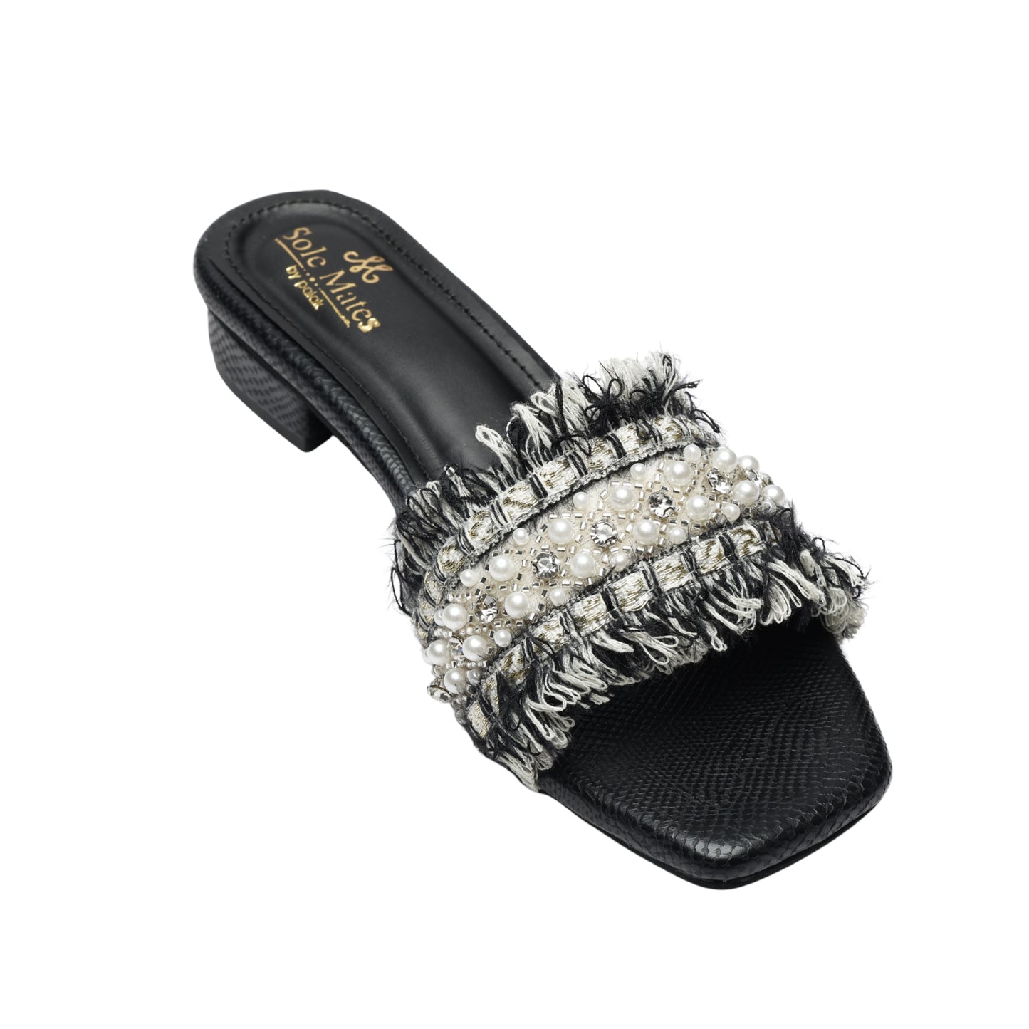 Angled top view of Boho Chic Black slider by Solemates by Palak — black and cream tweed fringe strap with mixed-size pearls, silver crystals and seed bead embellishment