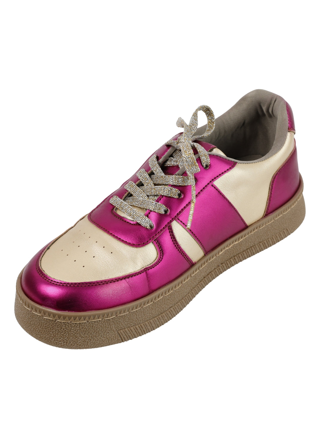 Fuchsia Flash low-top sneakers side view — metallic fuchsia pink and cream leather with gum sole by Solemates by Palak