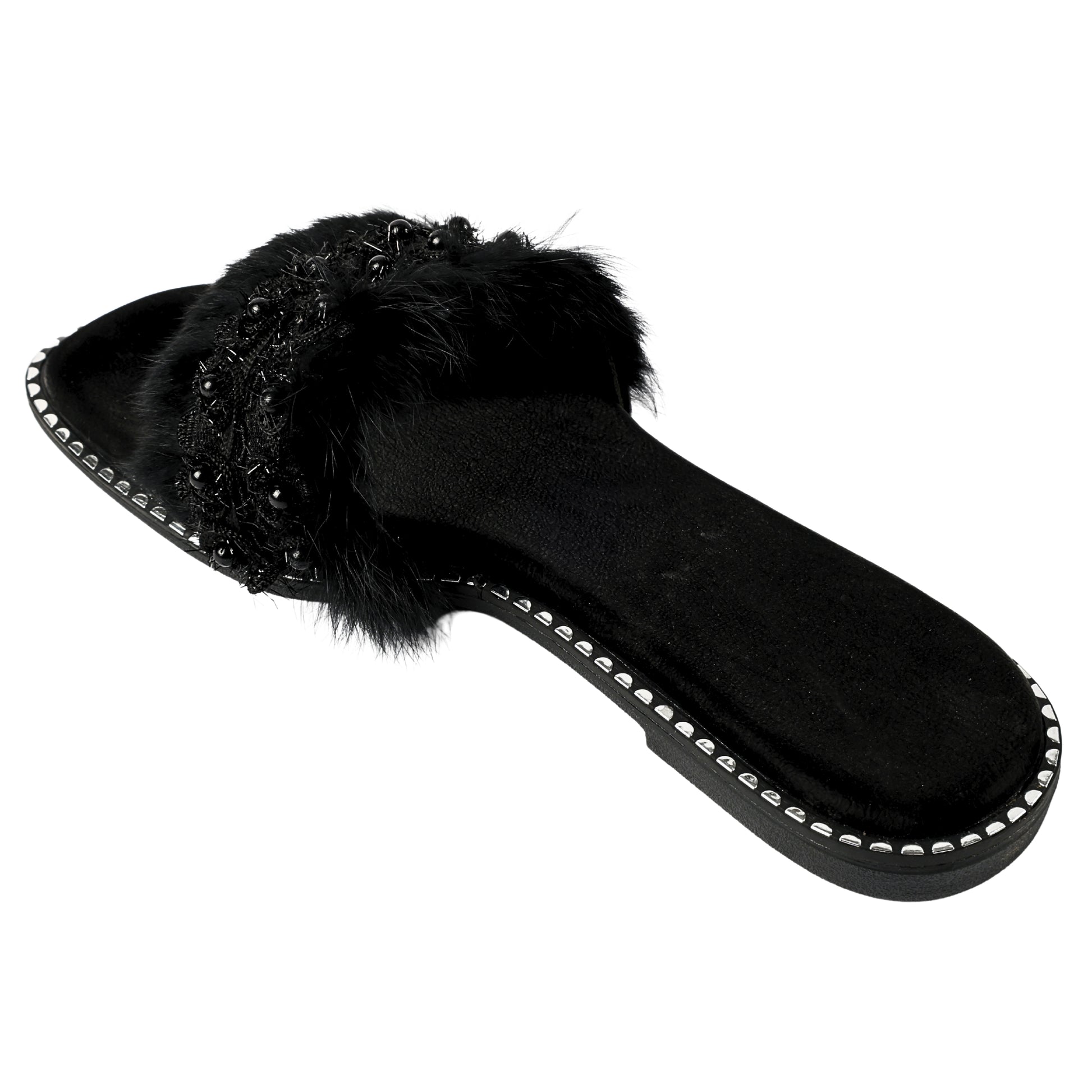 Angled view of Furry Black slider by Solemates by Palak — black fur-textured strap with floral lace and bead embellishment, silver stud sole trim and black suede-finish base, white background