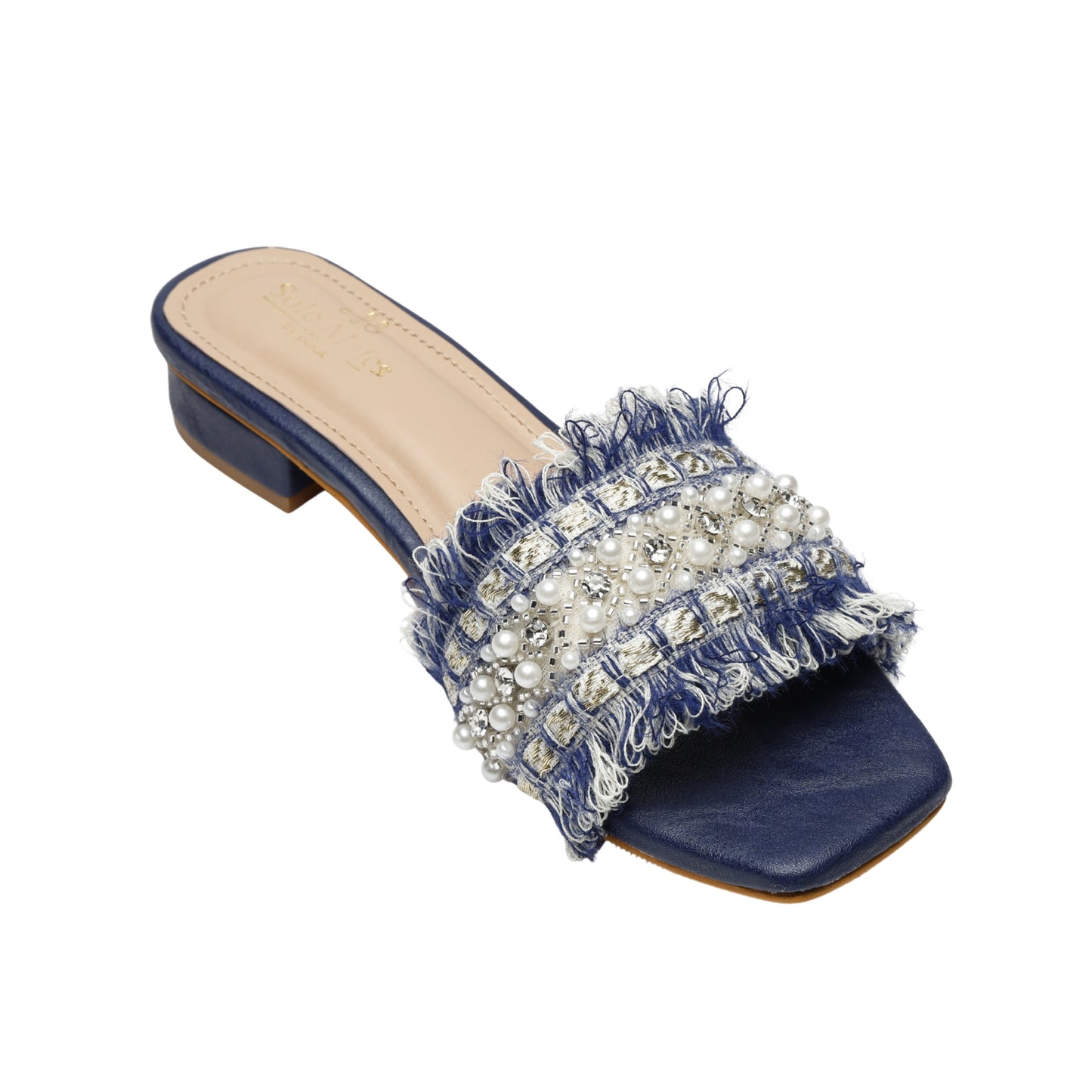 Angled top view of Boho Chic Blue slider by Solemates by Palak — navy and gold tweed fringe strap with mixed-size pearls, silver crystals and seed bead embellishment