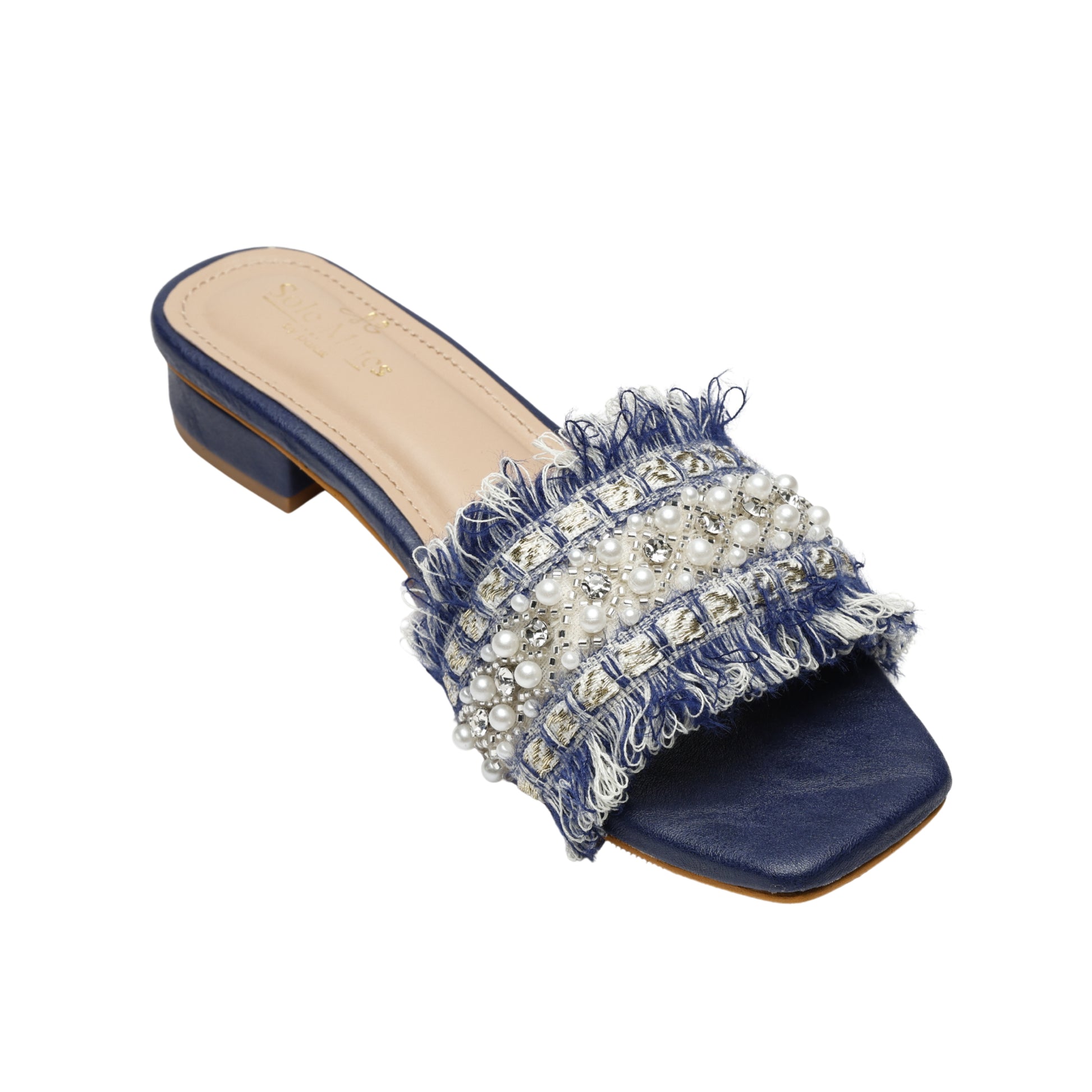 Angled top view of Boho Chic Blue slider by Solemates by Palak — navy and gold tweed fringe strap with mixed-size pearls, silver crystals and seed bead embellishment