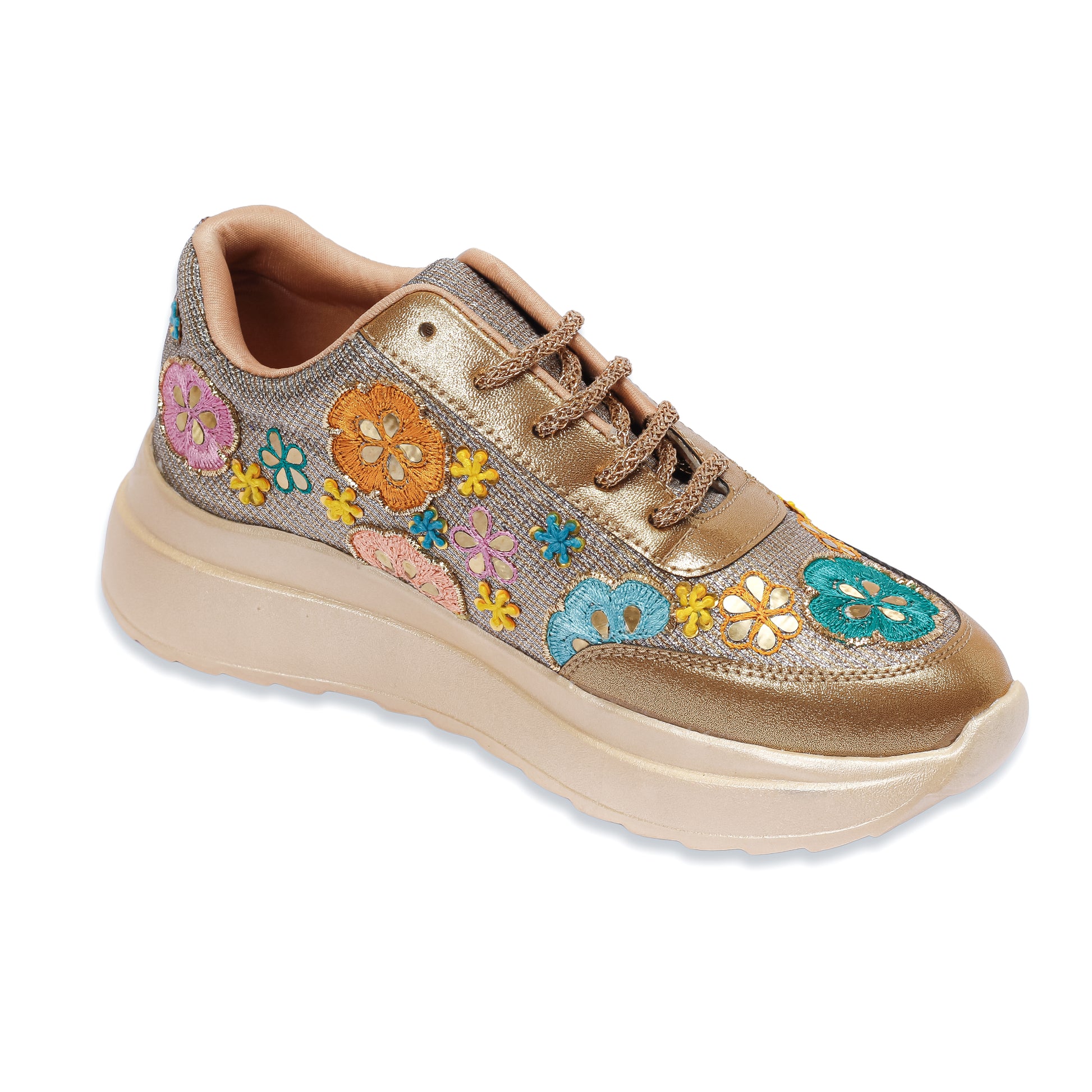 Golden Garden Sneakers front angle — gold metallic PU panels with colourful floral embroidery and mirror work by Solemates by Palak