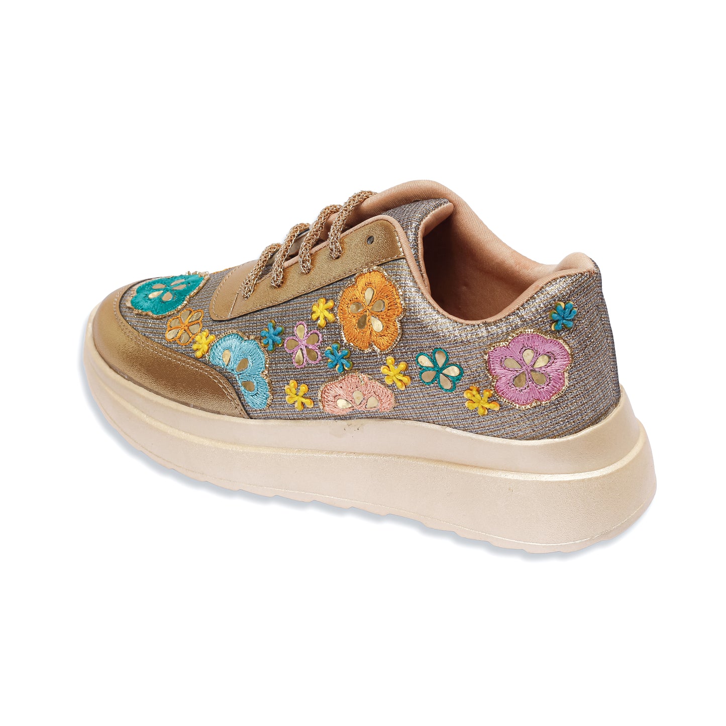 Golden Garden Sneakers back angle — full view of multicolour floral appliqués on gold shimmer sneaker 
by Solemates by Palak
