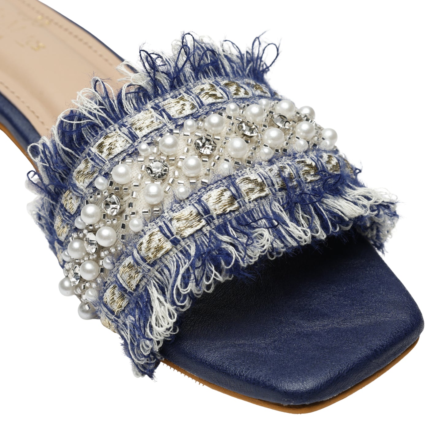 Close-up of Boho Chic Blue slider strap by Solemates by Palak — mixed pearl sizes, silver crystal accents and seed beads on navy and gold tweed fringe fabric
