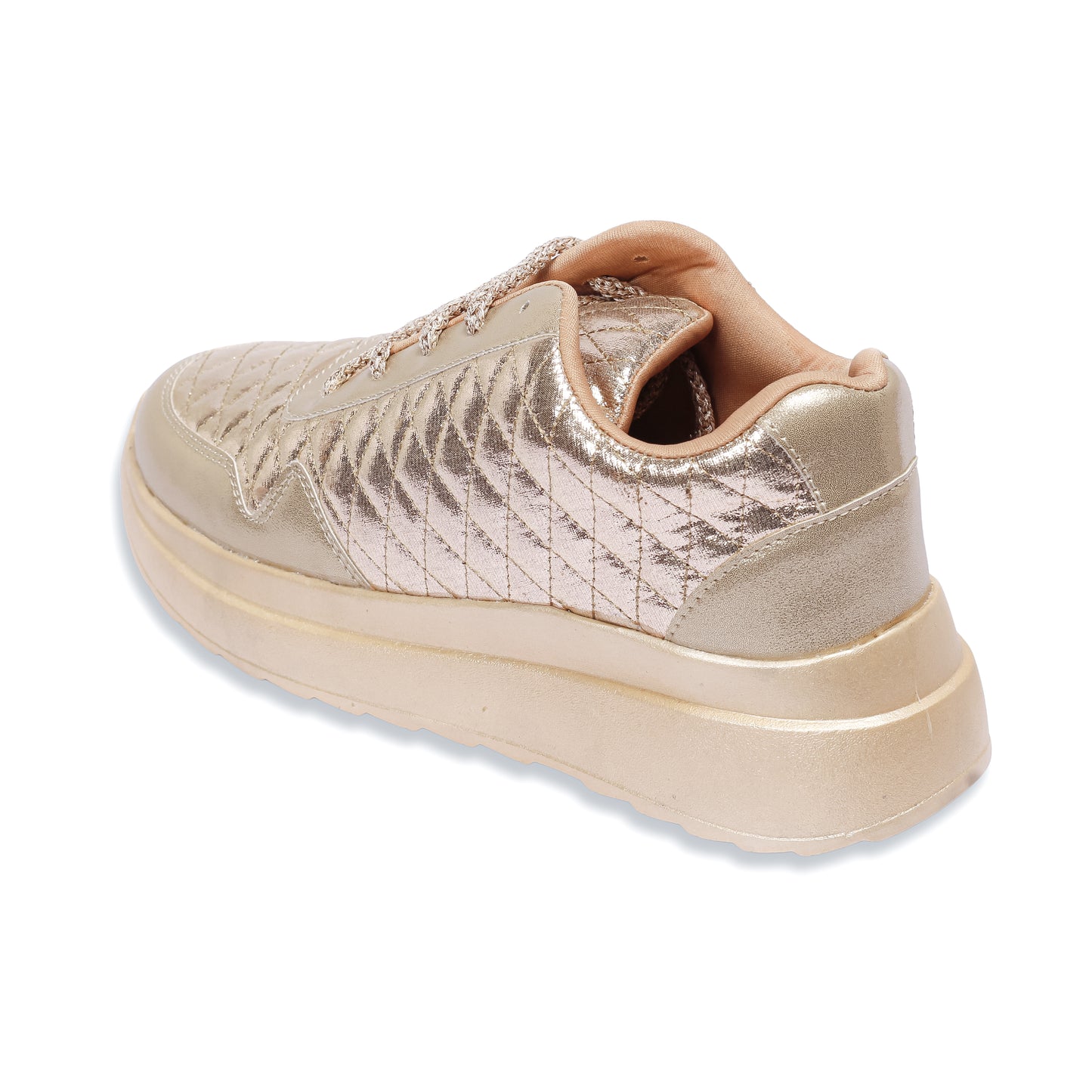 Sunlite Sparkler Rose Gold Sneakers back angle — metallic quilted upper with champagne sole by Solemates by Palak