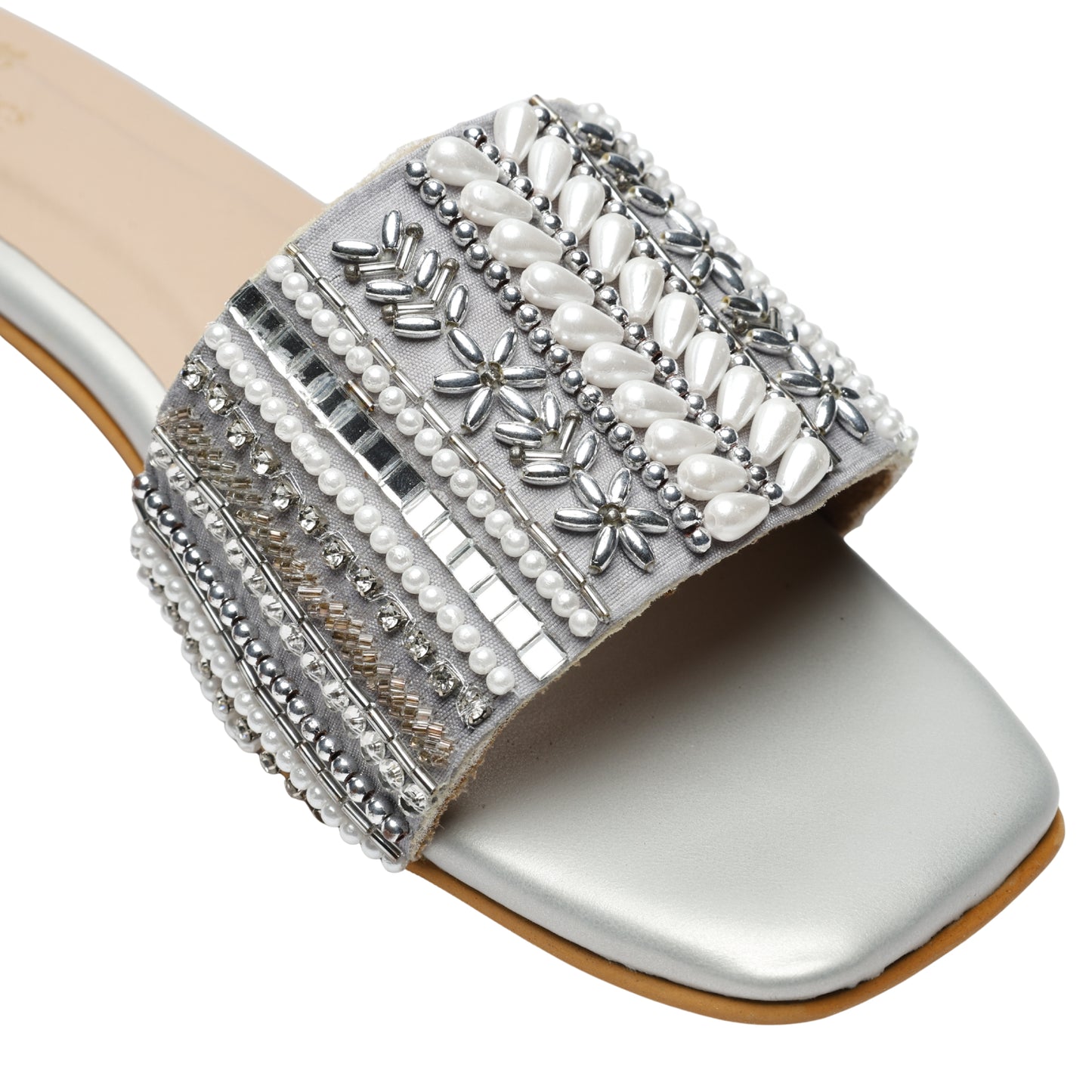 Kate Silver Sliders embellishment close-up — teardrop pearl clusters, silver bugle bead floral motifs, chevron detailing, square mirror tiles and rhinestone rows by Solemates by Palak