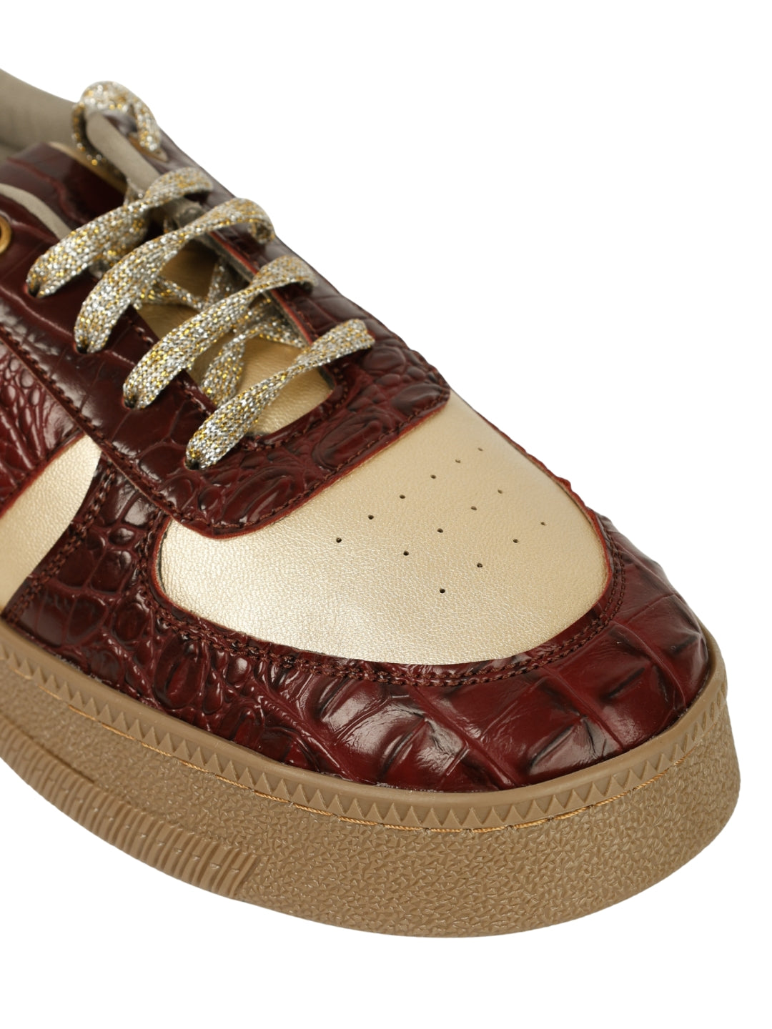 Croc Vintage sneakers toe close-up — burgundy croc embossed 
texture with cream leather panel and gold glitter laces by Solemates by Palak