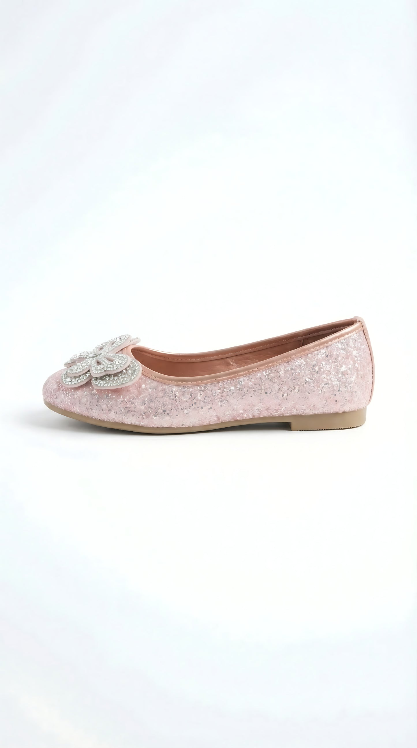 Aurora Flutter ballerina side view — blush rose gold glitter with crystal butterfly embellishment by Solemates by Palak