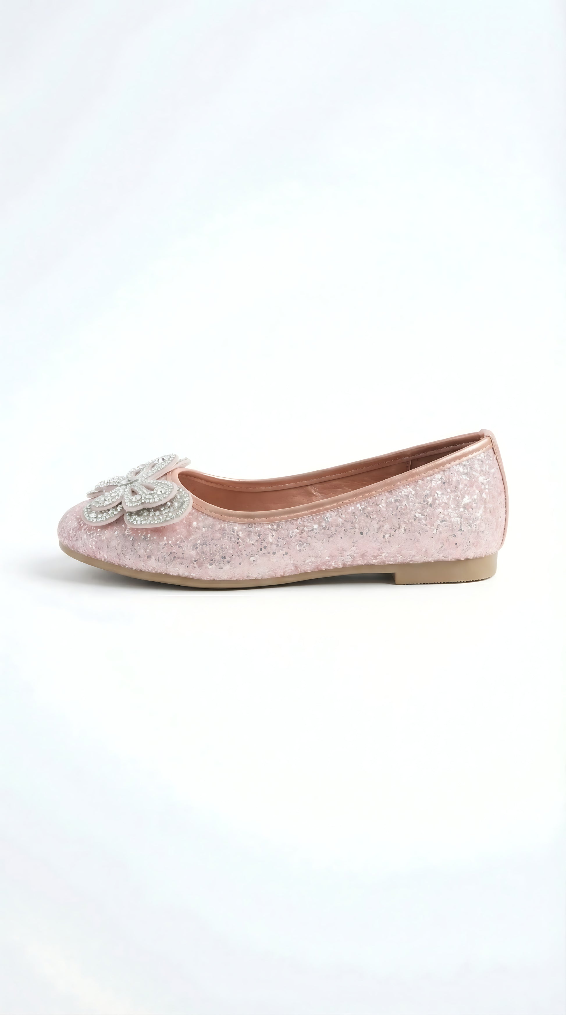 Aurora Flutter ballerina side view — blush rose gold glitter with crystal butterfly embellishment by Solemates by Palak