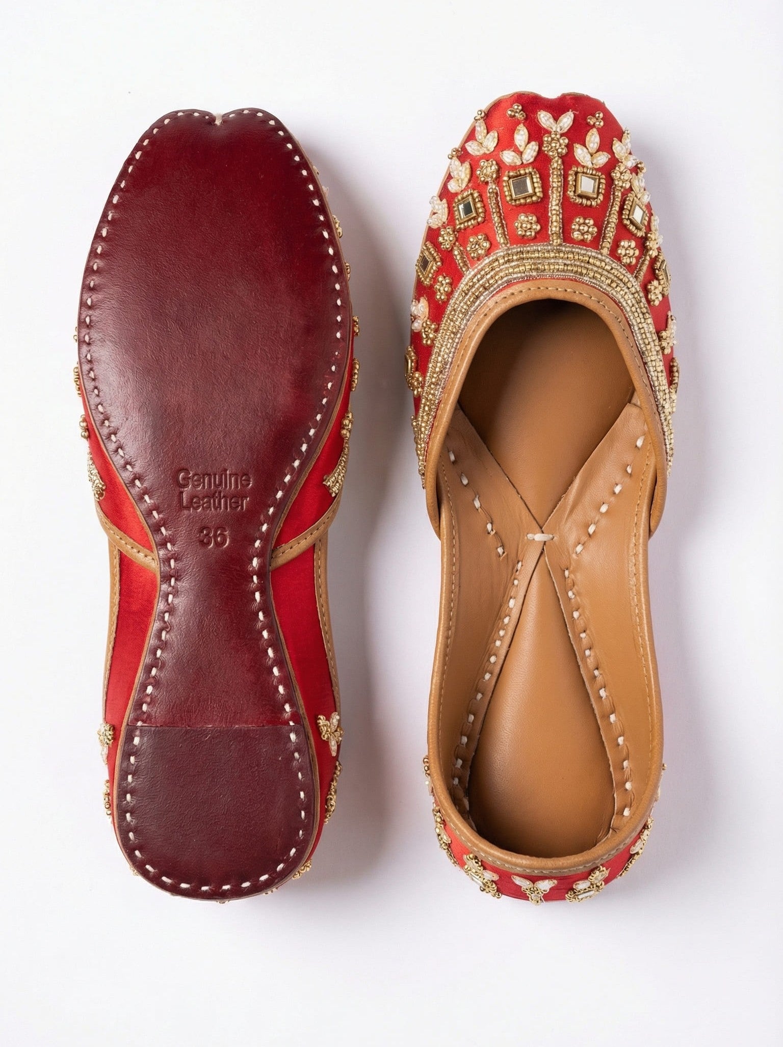 Maharani red silk juttis genuine leather sole and top view — 
handcrafted Indian bridal juttis by Solemates by Palak