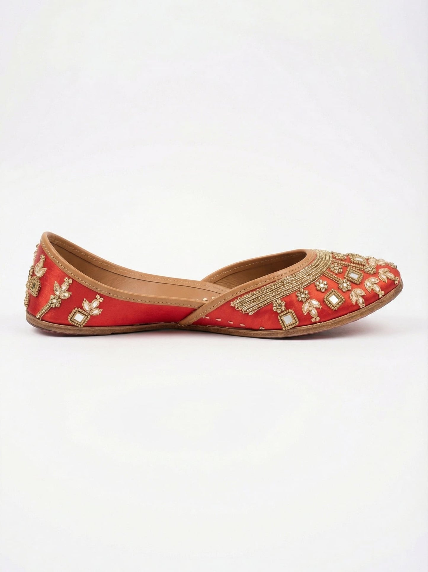 Maharani red silk juttis side view — intricate zari and mirror work on genuine leather by Solemates by Palak