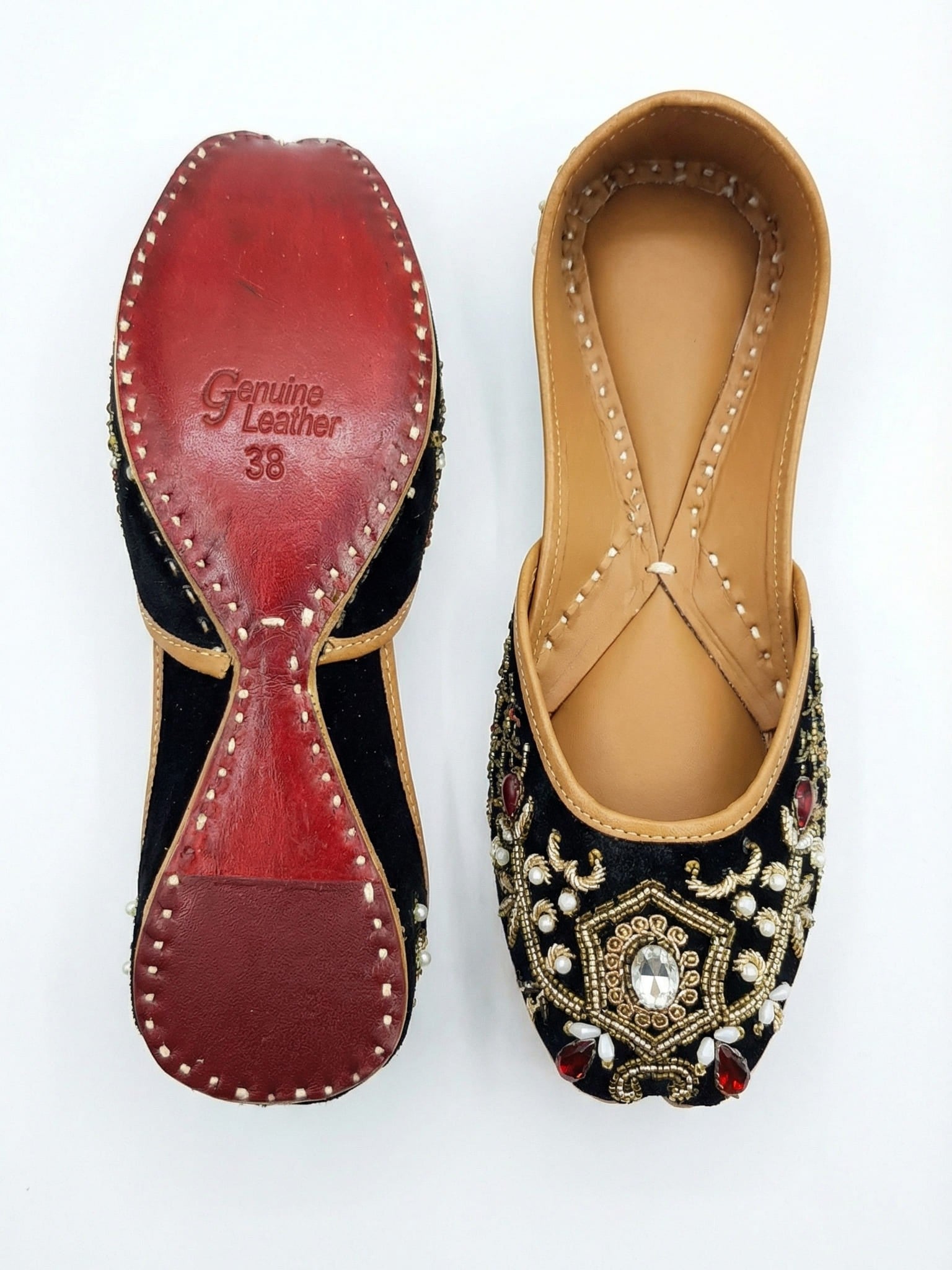 Sahiba black velvet juttis genuine leather red sole and top view — handcrafted Indian bridal juttis by Solemates by Palak