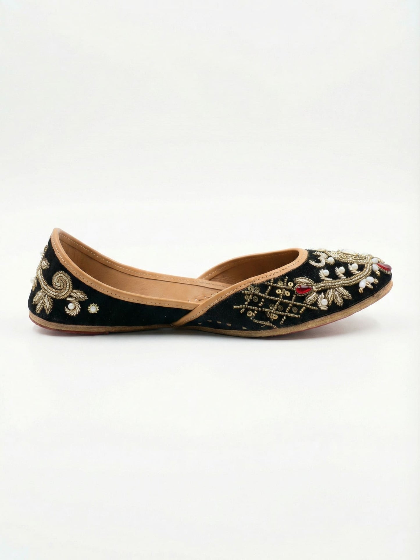 Sahiba black velvet juttis side view — gold zari work and pearl embellishments on genuine leather by Solemates by Palak