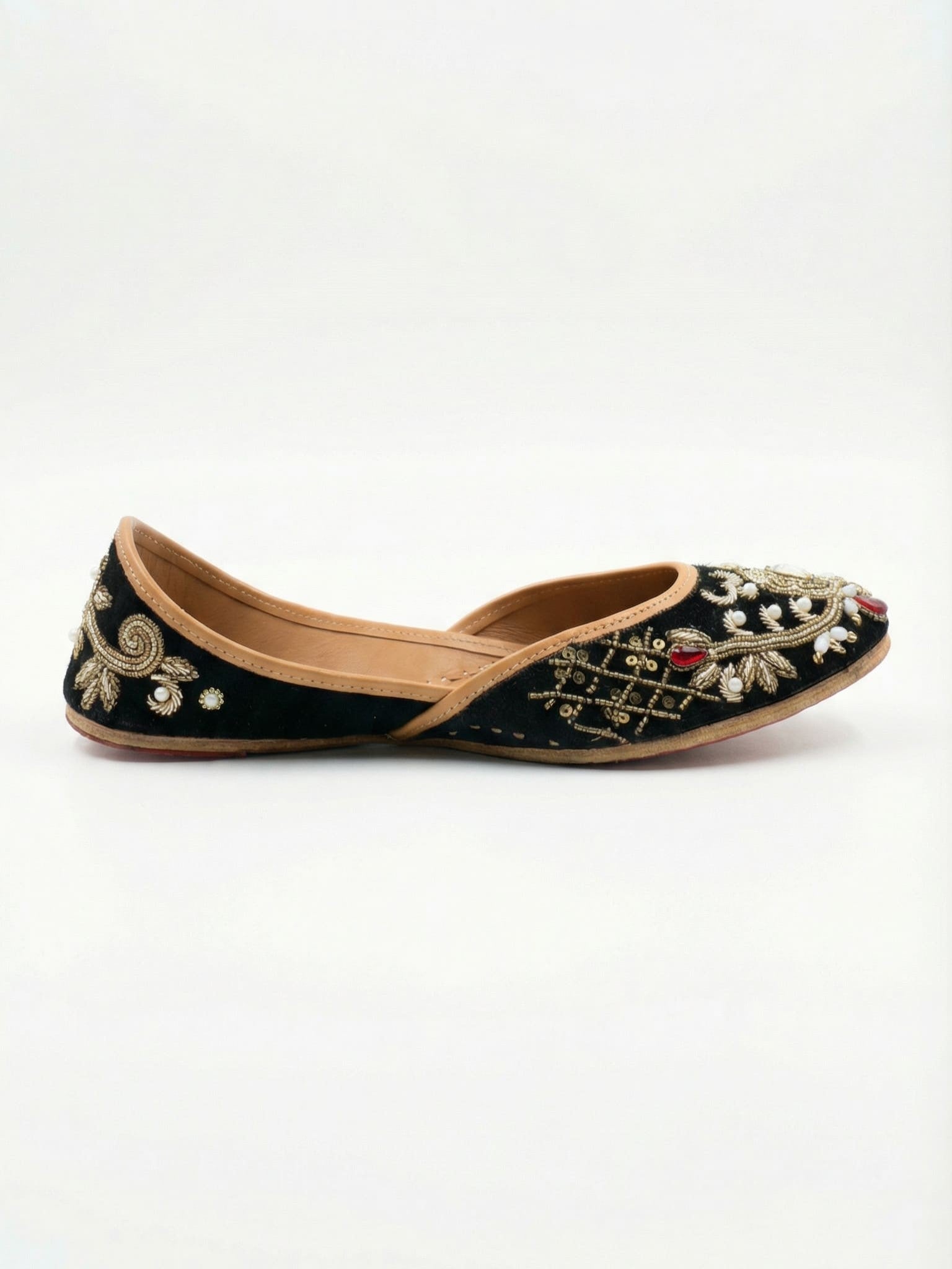 Sahiba black velvet juttis side view — gold zari work and pearl embellishments on genuine leather by Solemates by Palak