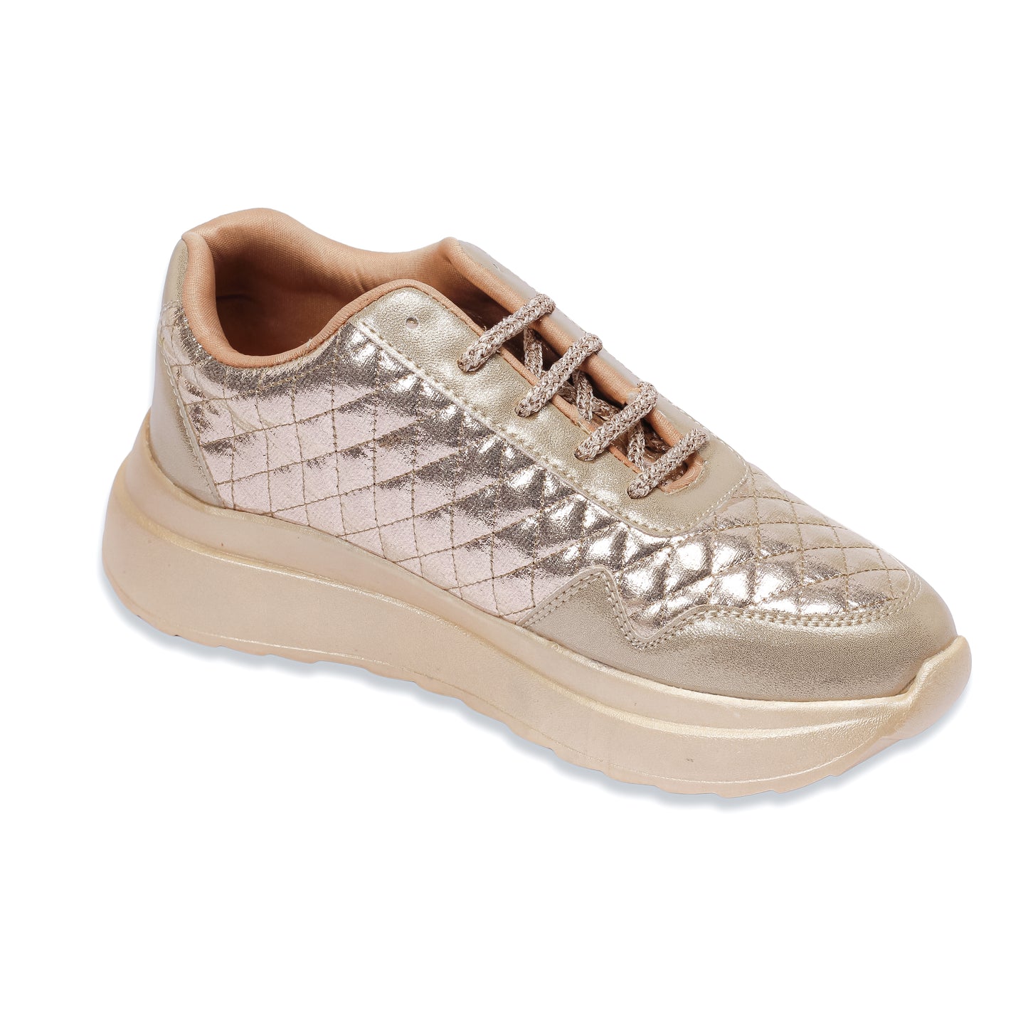 Sunlite Sparkler Sneakers front angle — rose gold metallic lace-up quilted sneaker by Solemates by Palak