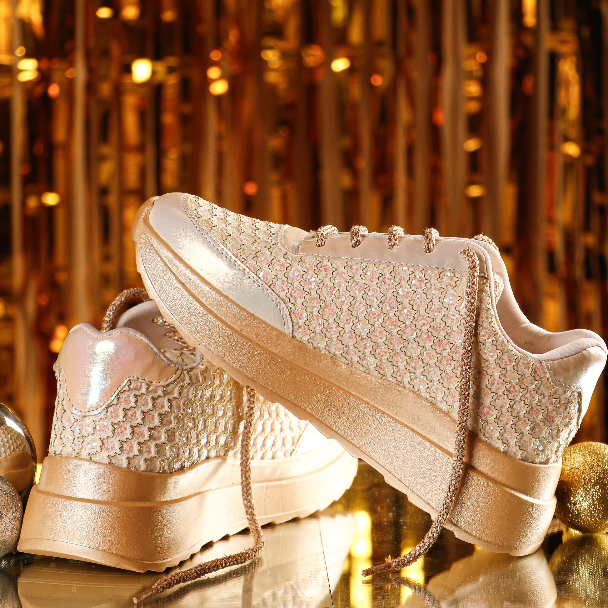 Gleaming Ivory Glitter Sequin Sneakers pair against gold backdrop — multicolour scalloped sequin upper with champagne sole by Solemates by Palak