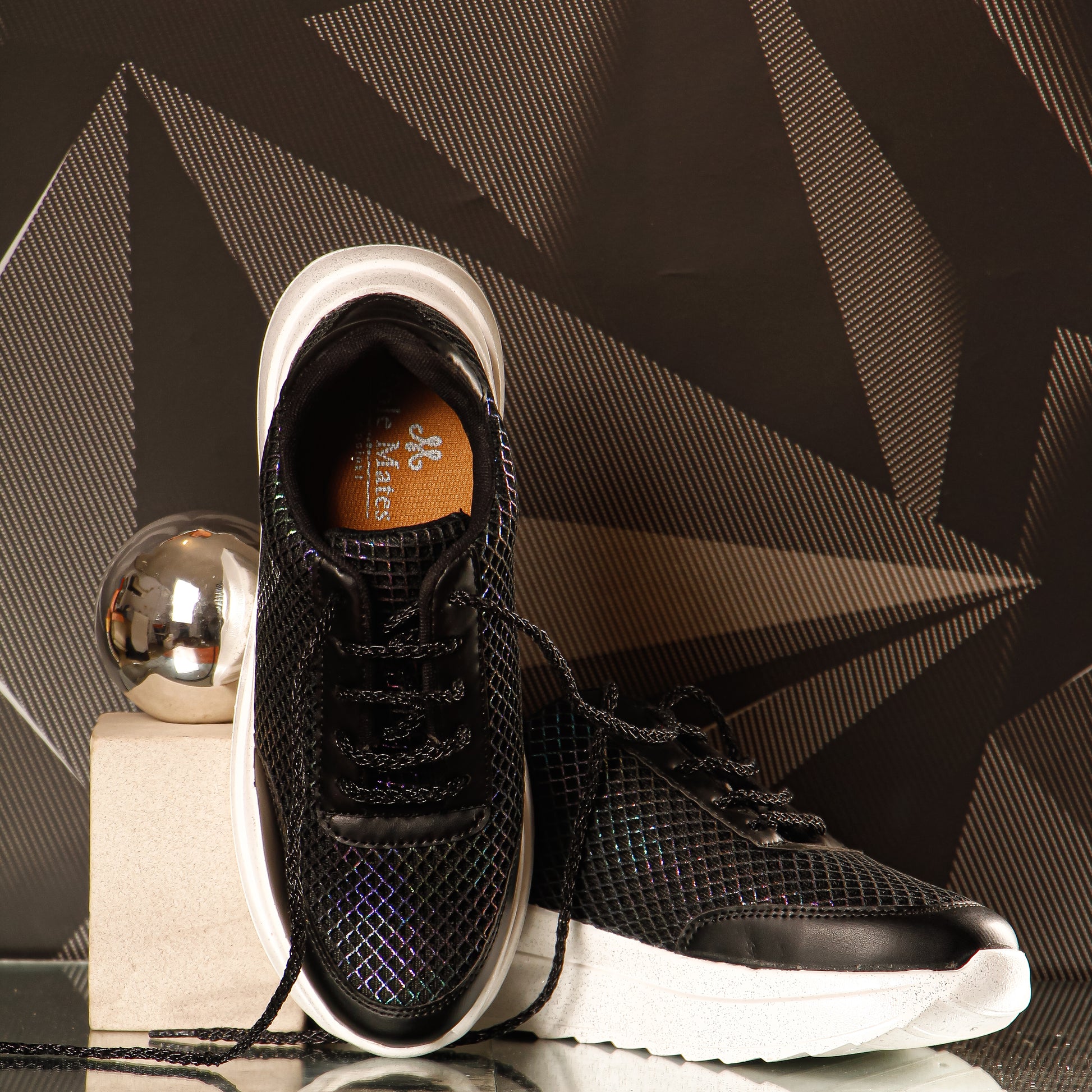 Black Prism Sneakers top view — iridescent colour-shifting grid texture with Solemates by Palak branded insole
