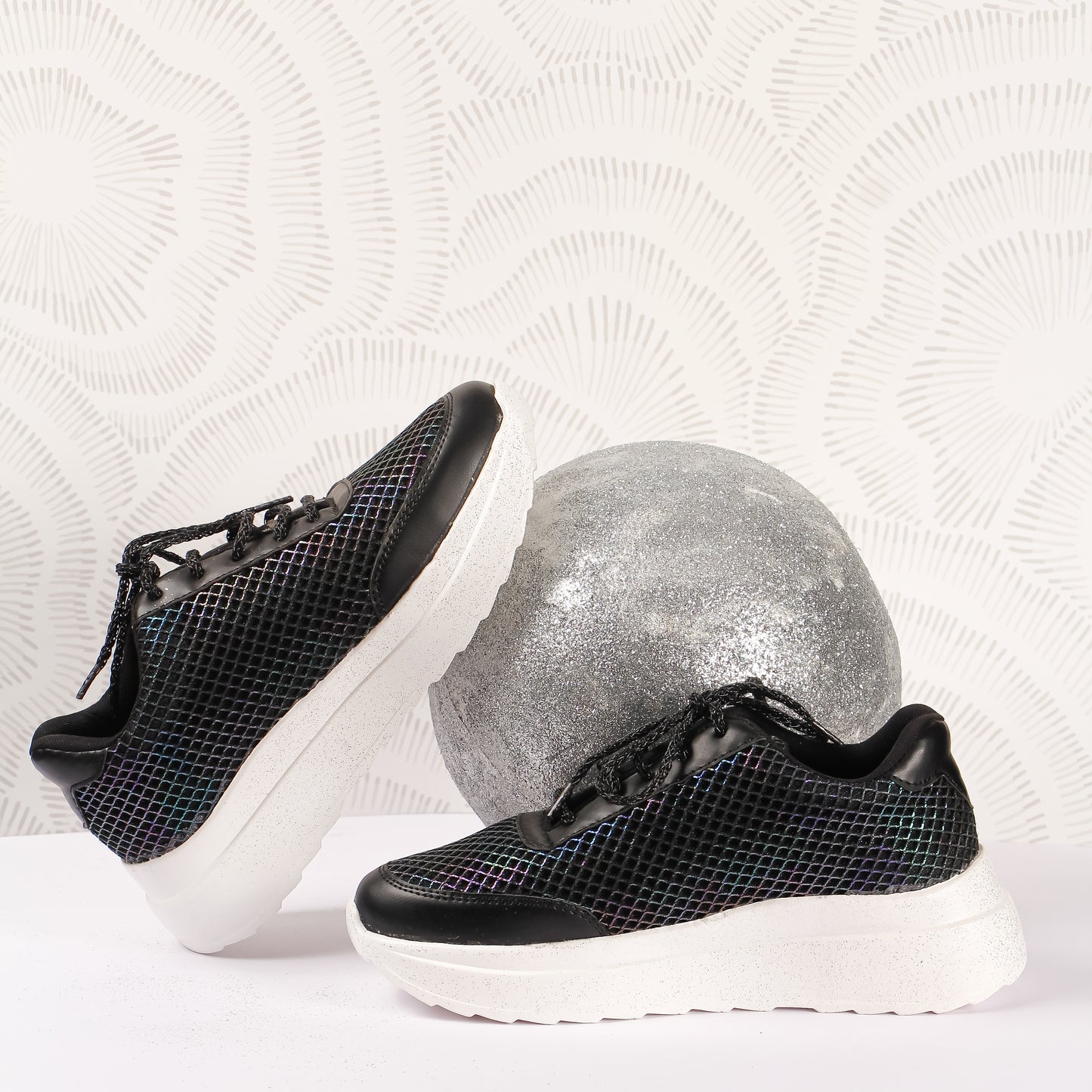 Black Prism Iridescent Grid Sneakers pair — black holographic grid upper with white sole by Solemates by Palak