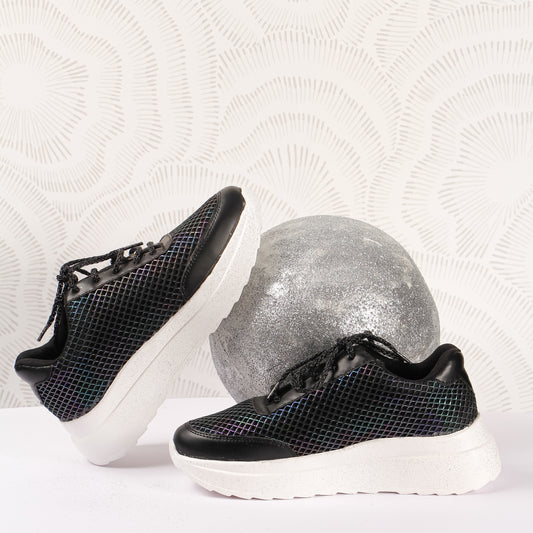 Black Prism Iridescent Grid Sneakers pair — black holographic grid upper with white sole by Solemates by Palak