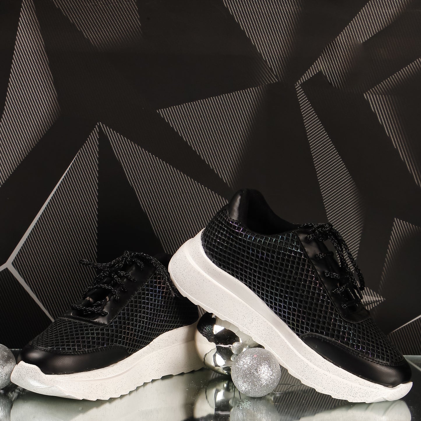 Black Prism Iridescent Sneakers front view — black holographic grid upper with white chunky sole by Solemates by Palak