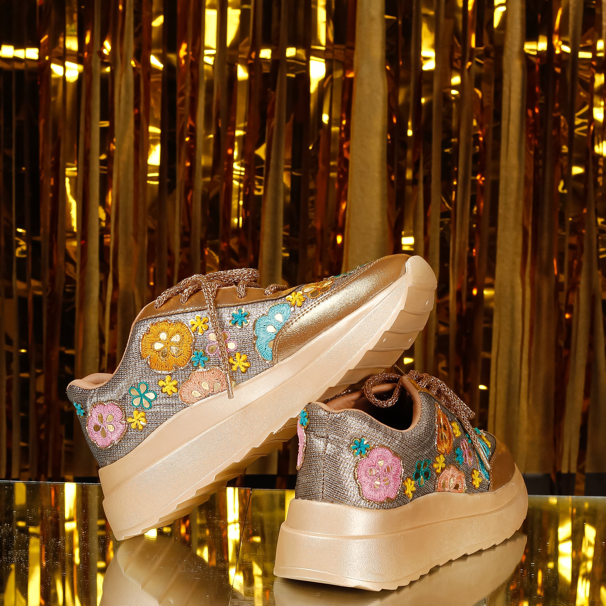 Golden Garden Sneakers back view — gold shimmer upper with multicolour embroidered floral appliqués by Solemates by Palak