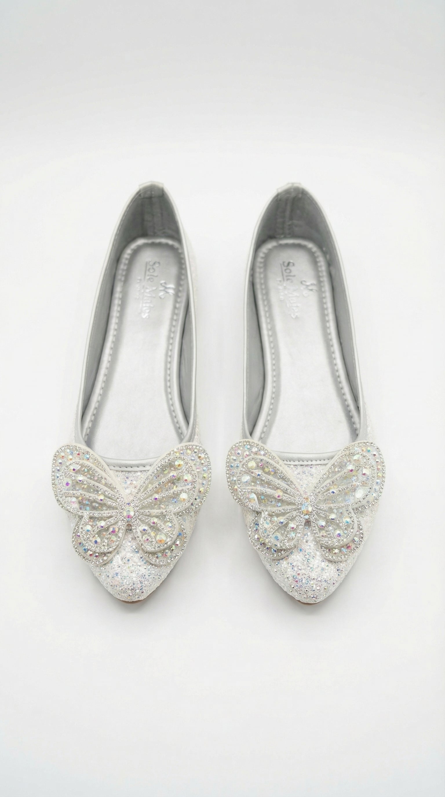 Stardust Flutter ballerina front view — crystal butterfly with AB iridescent stones on silver glitter by Solemates by Palak