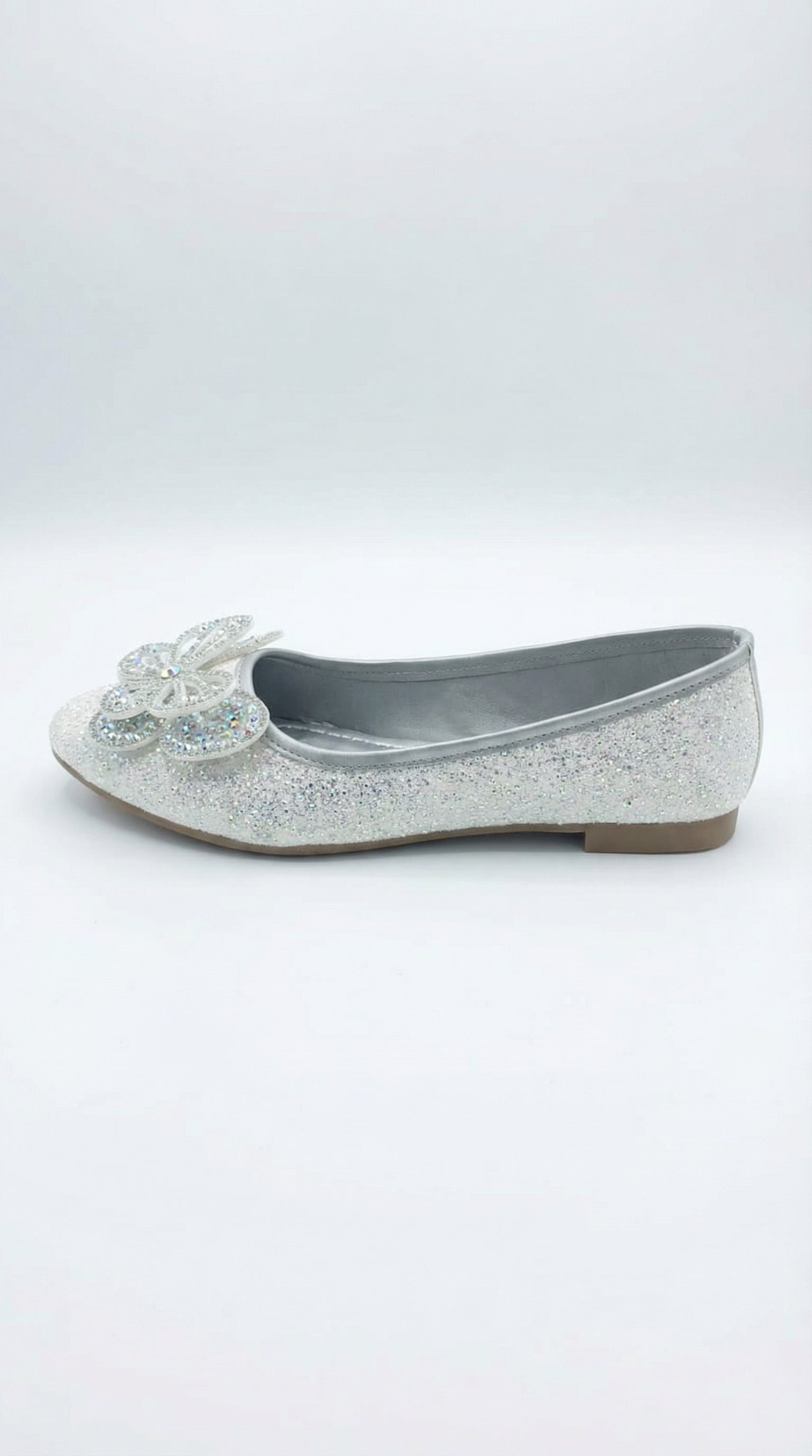 Stardust Flutter ballerina side view — all-over silver glitter with crystal butterfly embellishment by Solemates by Palak