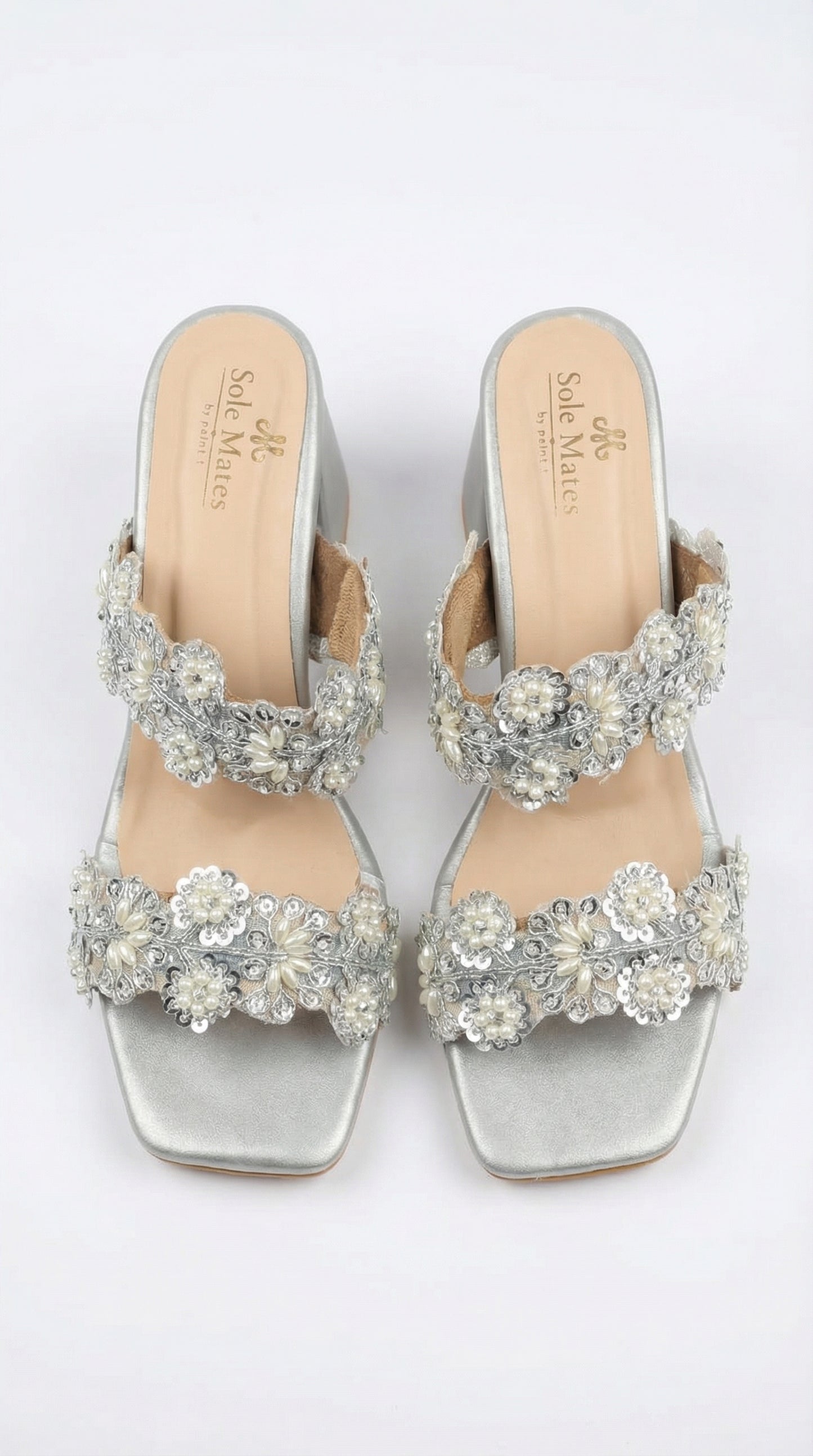 Aria silver block heels top view — double straps with intricate floral pearl clusters and silver sequin work 
by Solemates by Palak