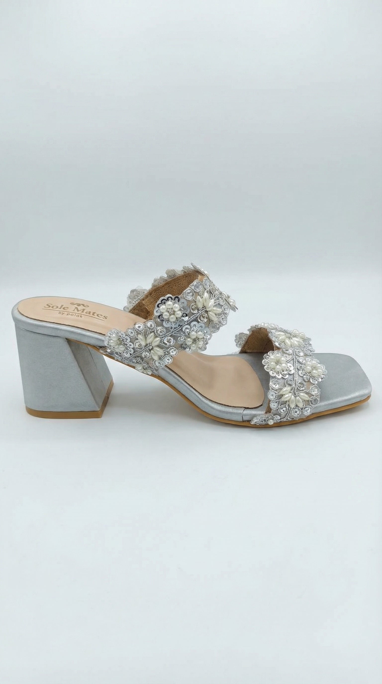 Aria silver block heels side view — double embellished pearl and sequin floral straps on silver satin block heel by Solemates by Palak